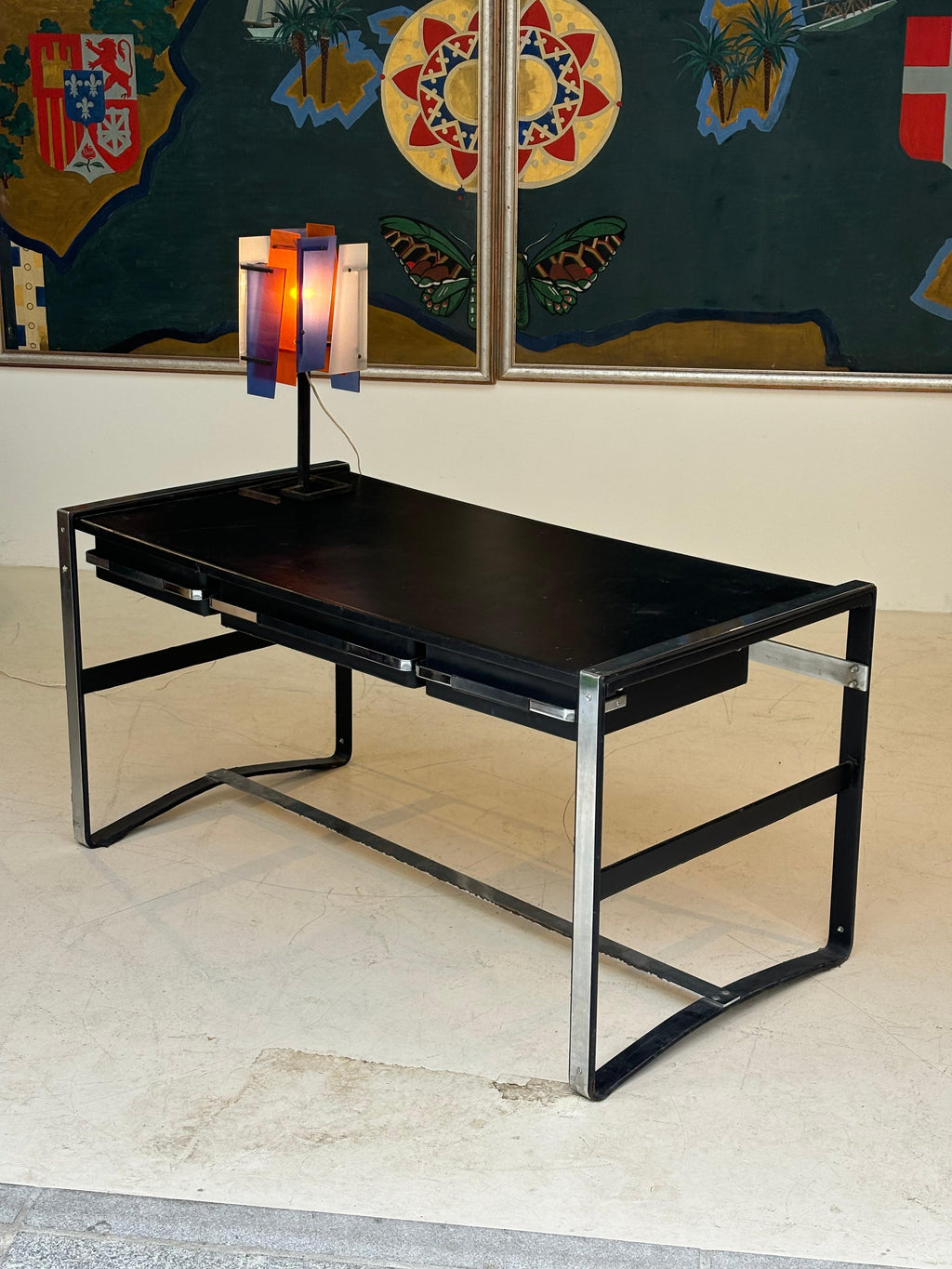 Nice desk in skai and steel by Jacques Adnet circa 1950