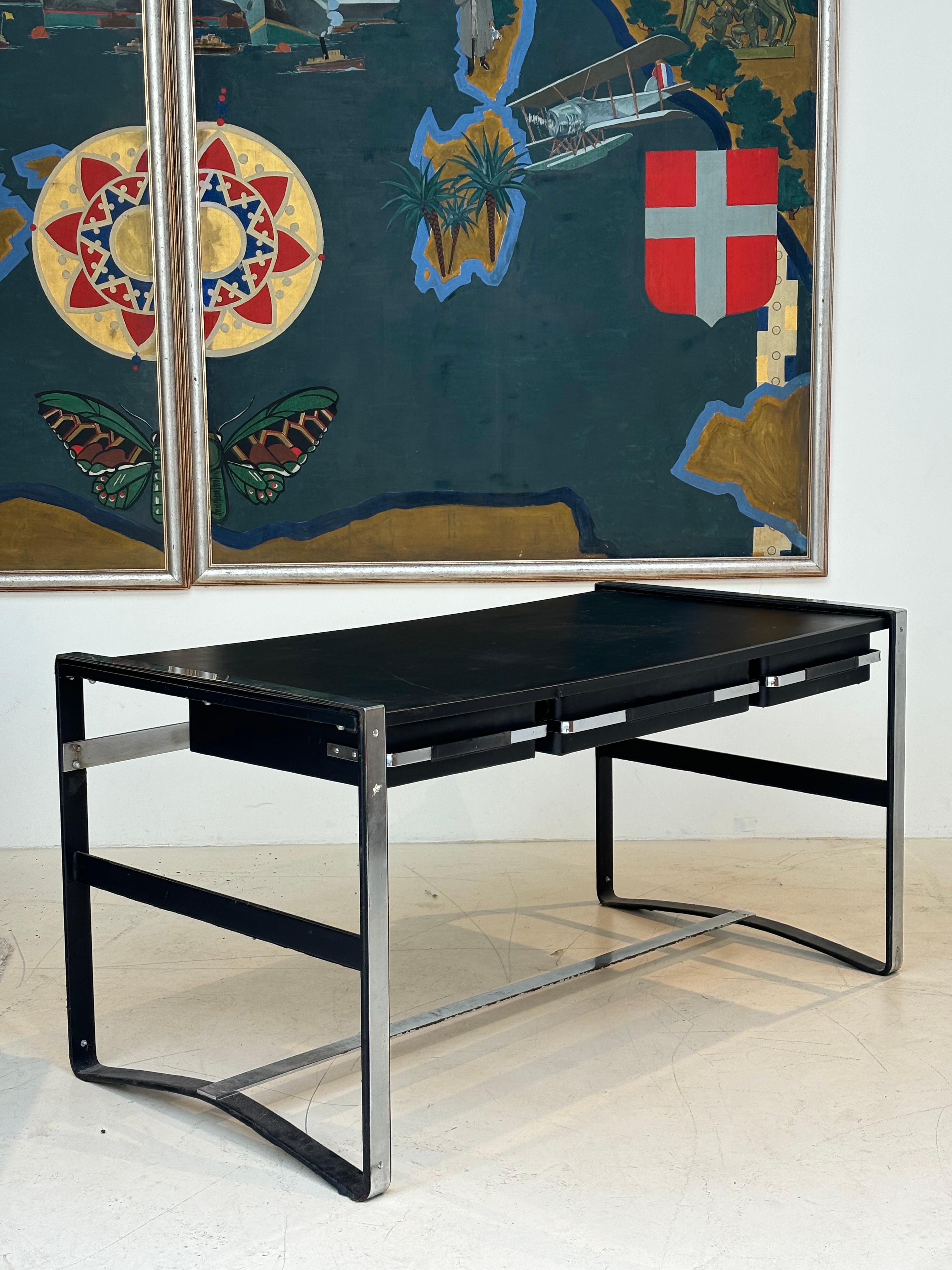 Nice desk in skai and steel by Jacques Adnet circa 1950