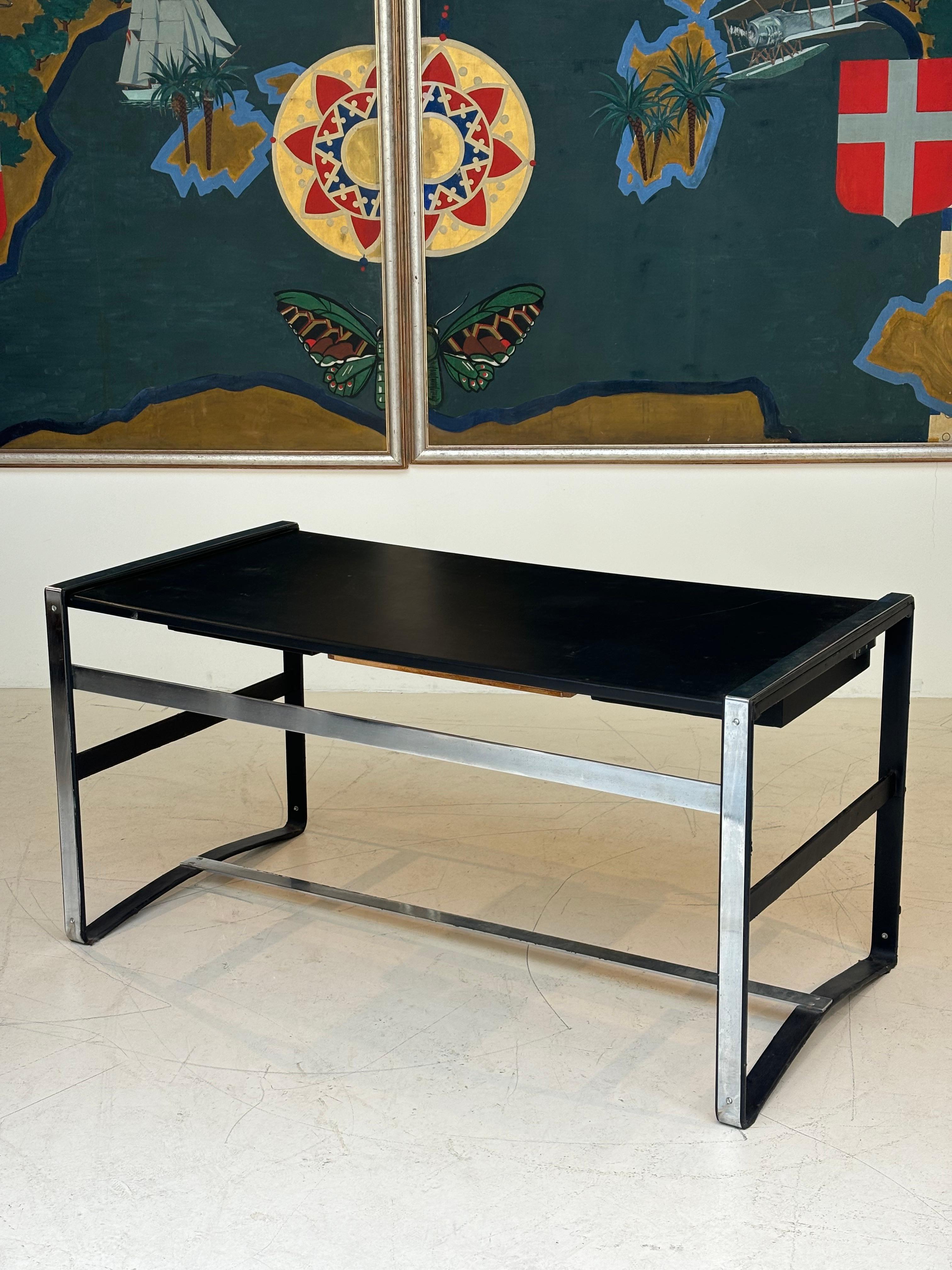 Nice desk in skai and steel by Jacques Adnet circa 1950
