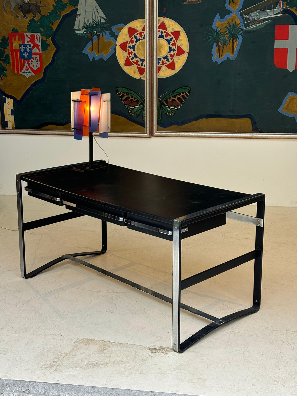 Nice desk in skai and steel by Jacques Adnet circa 1950