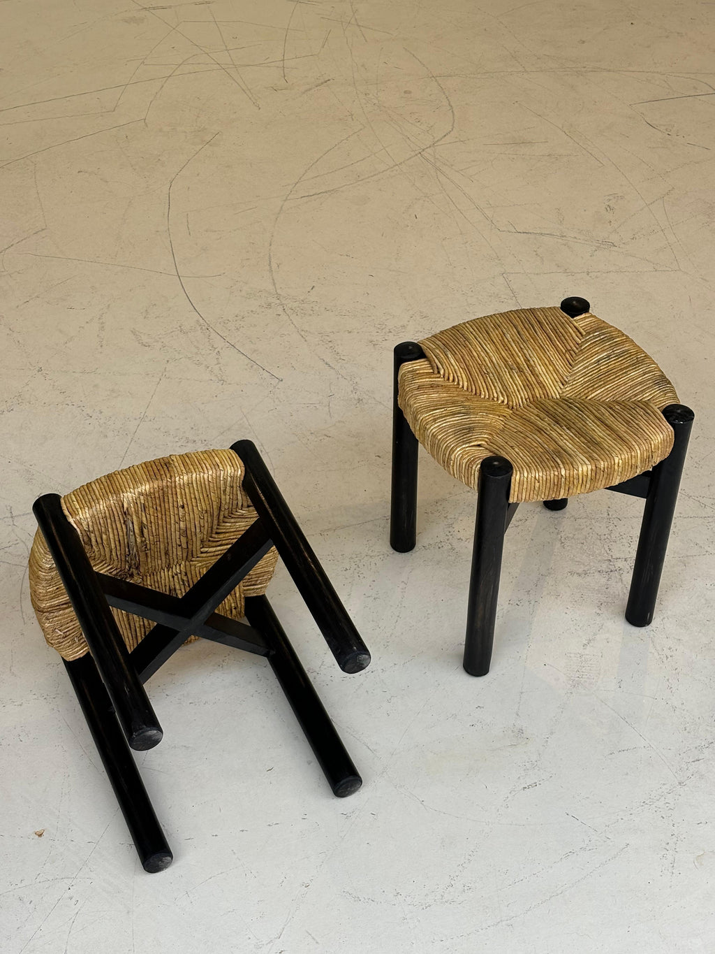 Nice pair of Meribel stools by Charlotte Perriand, original black colors