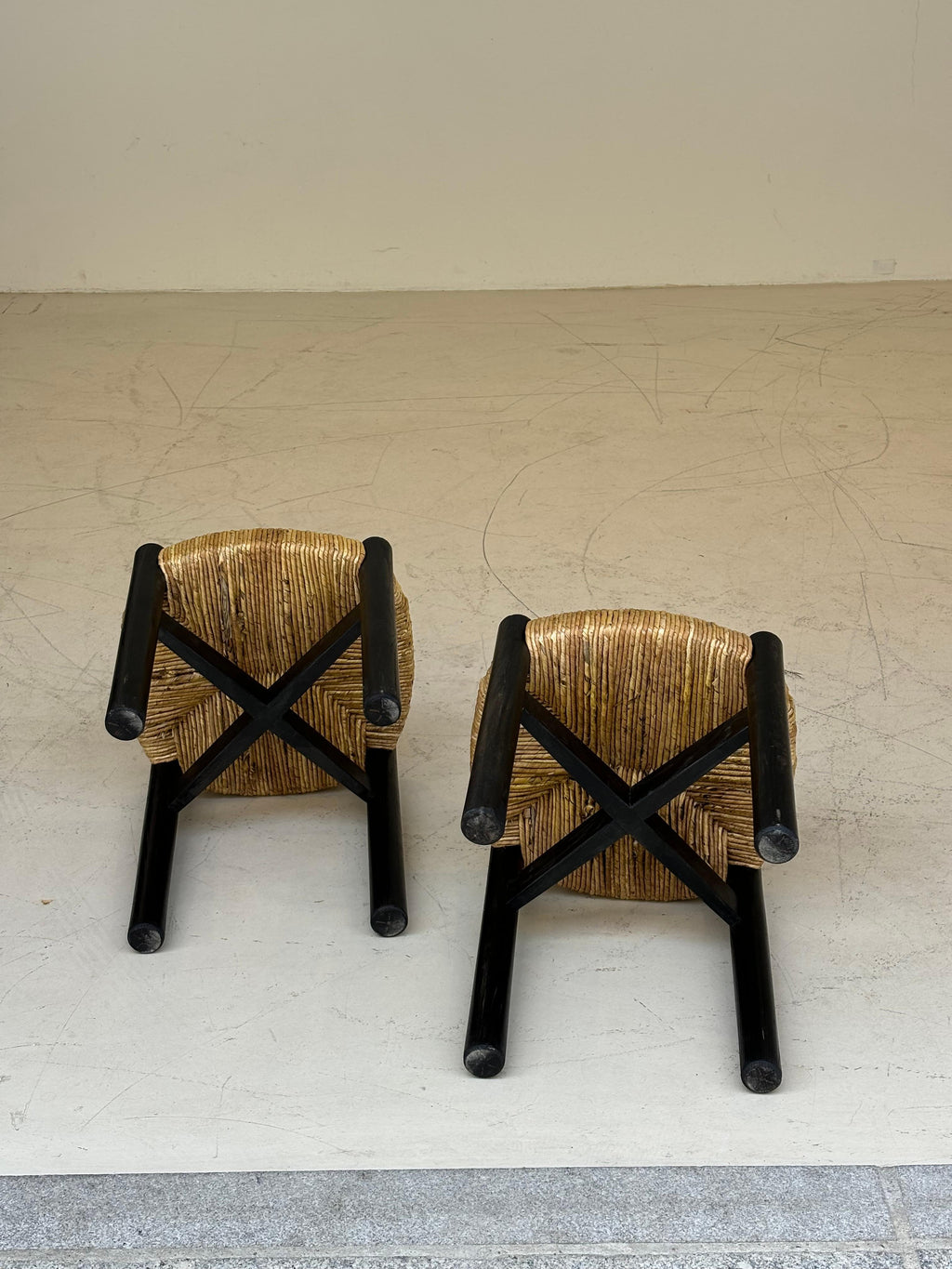 Nice pair of Meribel stools by Charlotte Perriand, original black colors