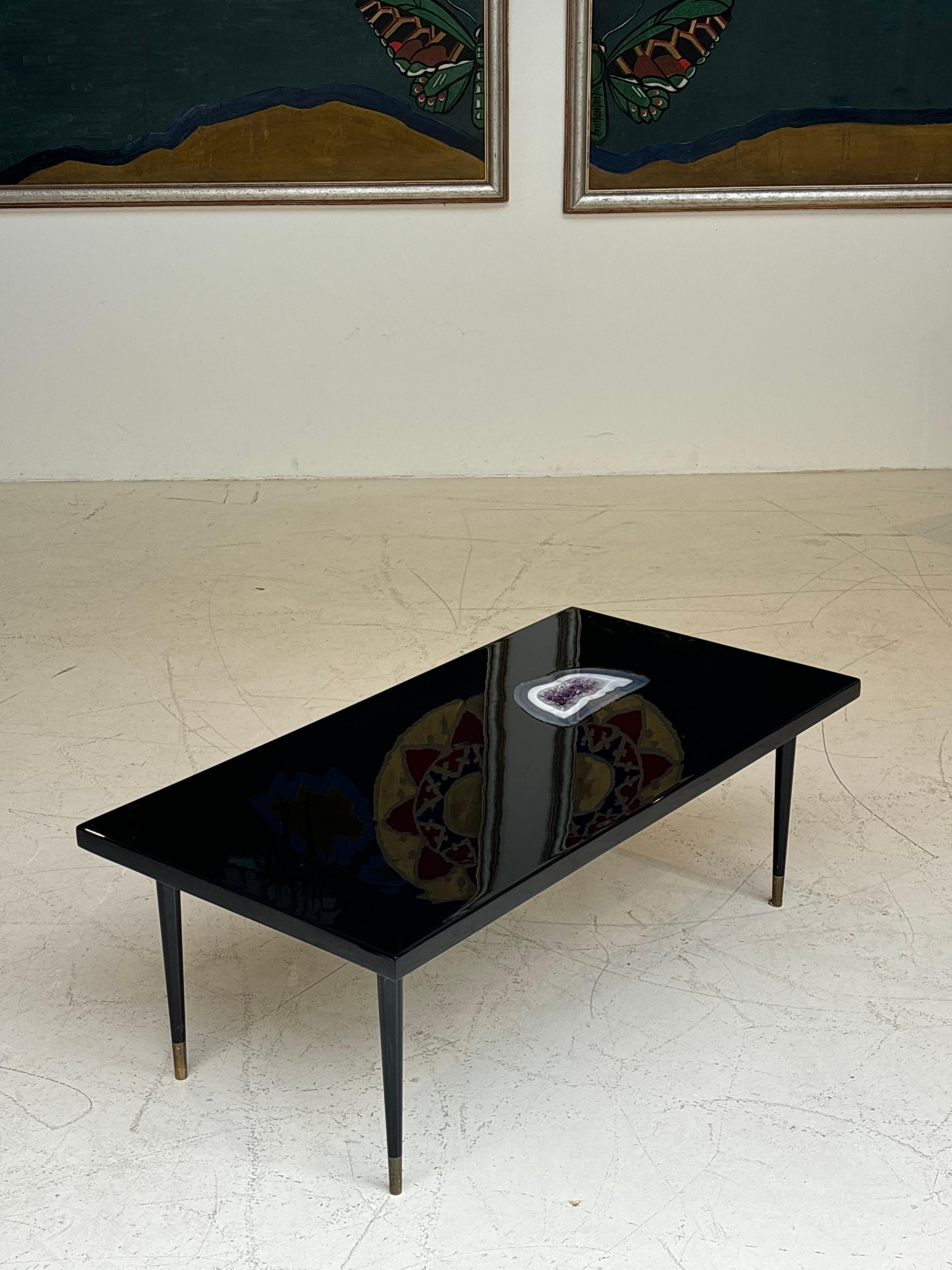 Nice coffee table by Philippe Barbier in lacquer and incrustation d’améthyste