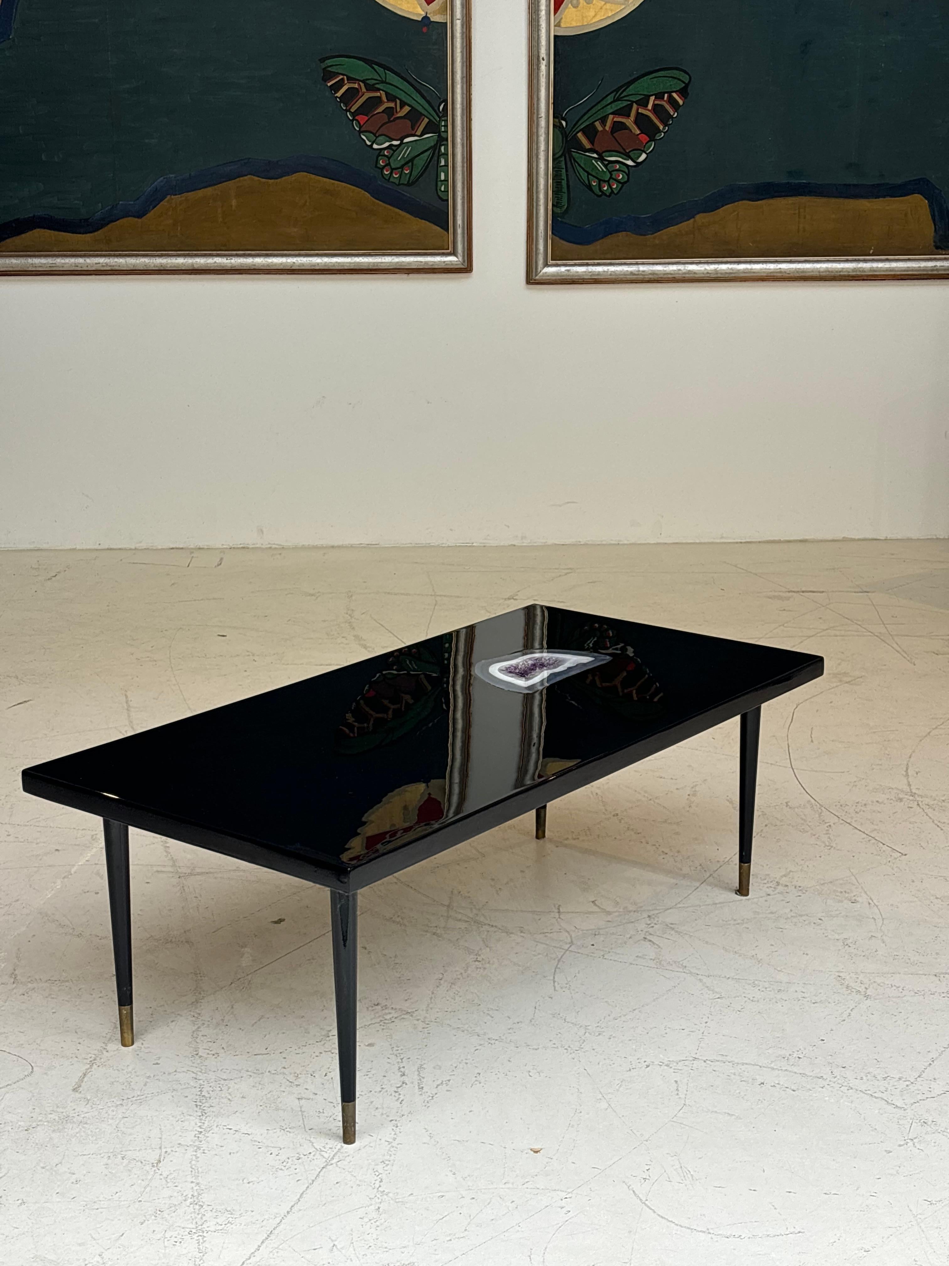 Nice coffee table by Philippe Barbier in lacquer and incrustation d’améthyste