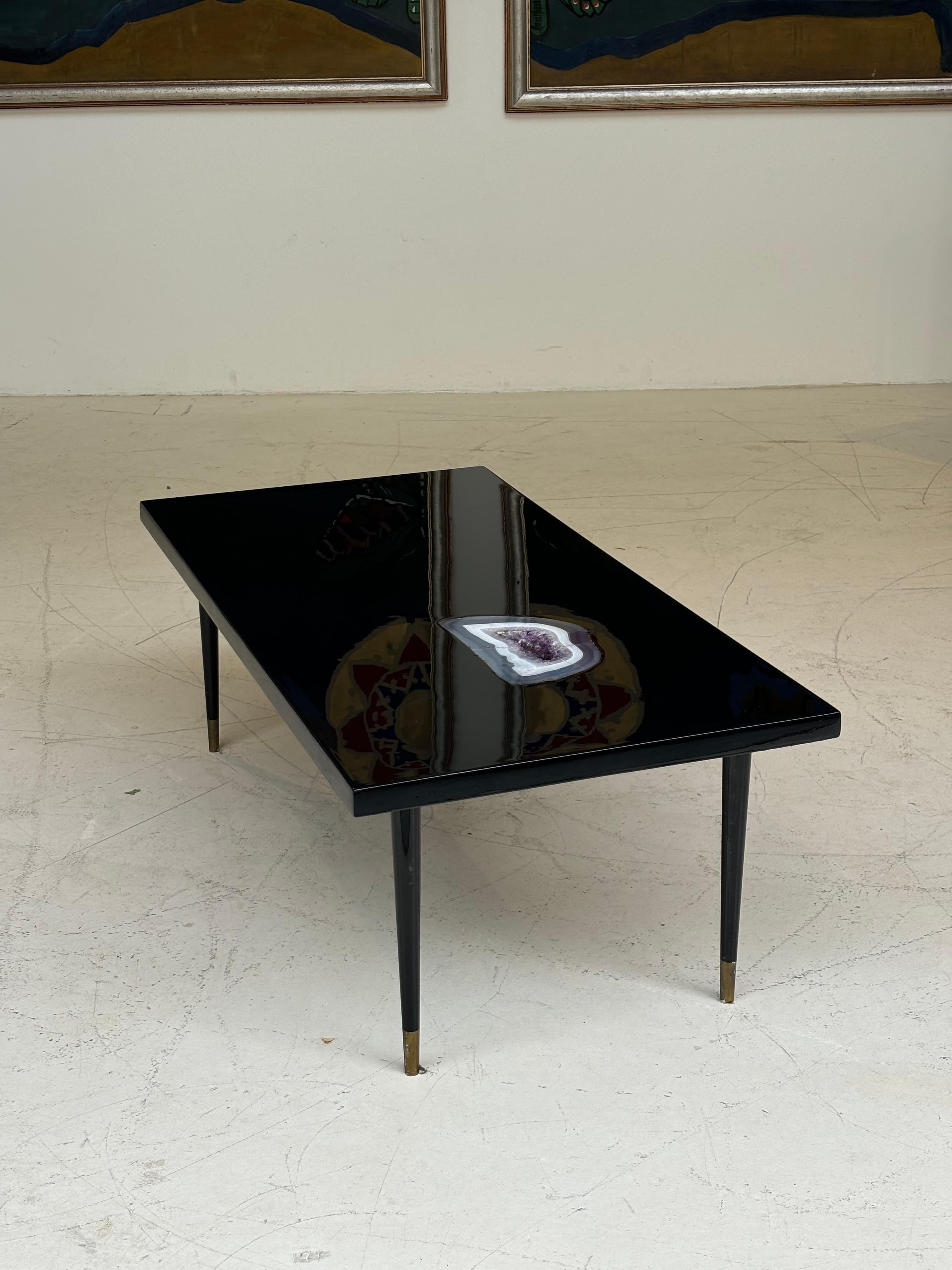 Nice coffee table by Philippe Barbier in lacquer and incrustation d’améthyste