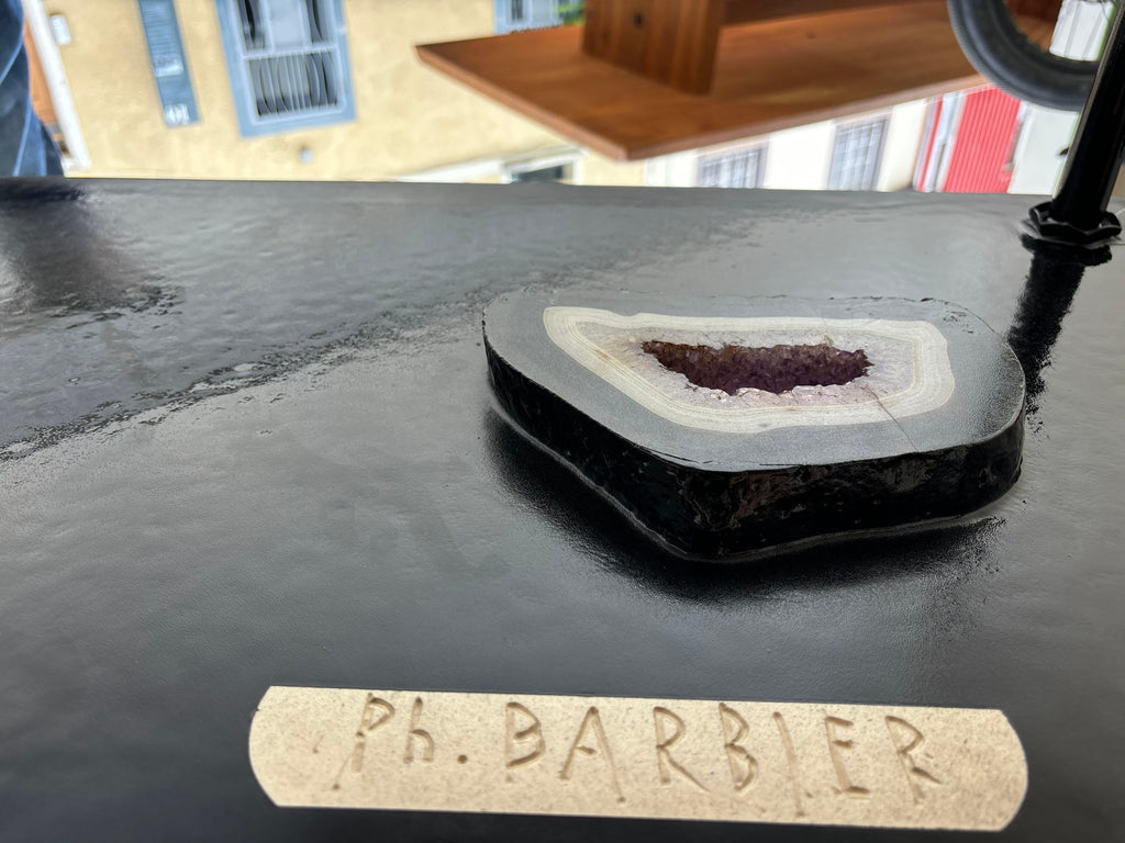 Nice coffee table by Philippe Barbier in lacquer and incrustation d’améthyste