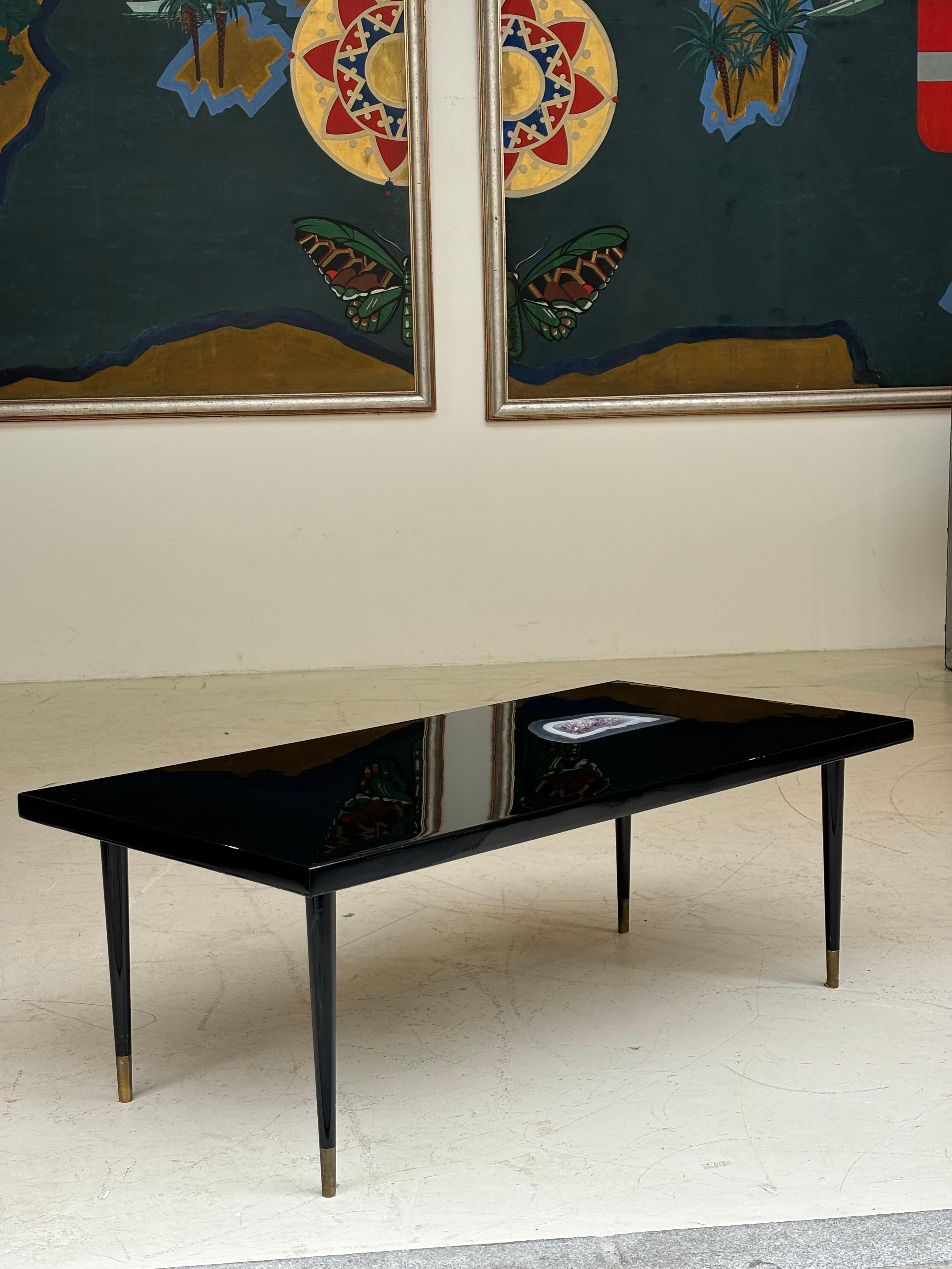 Nice coffee table by Philippe Barbier in lacquer and incrustation d’améthyste