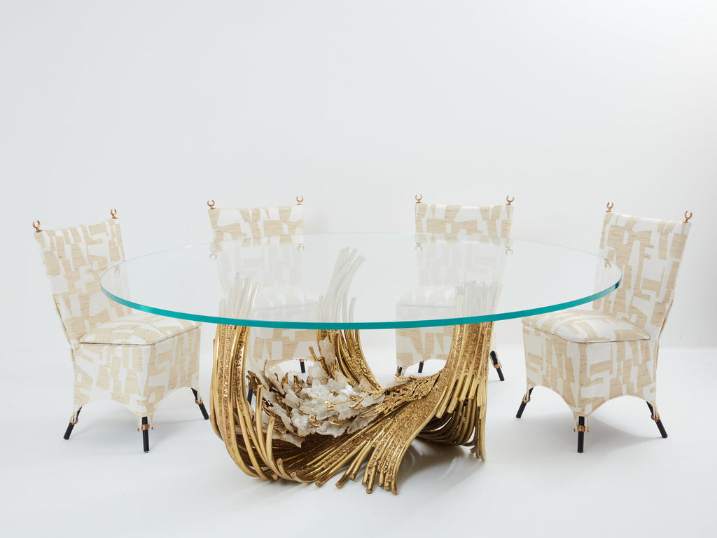 Signed Isabelle Faure brass sculpture dining table rock crystal 1970s