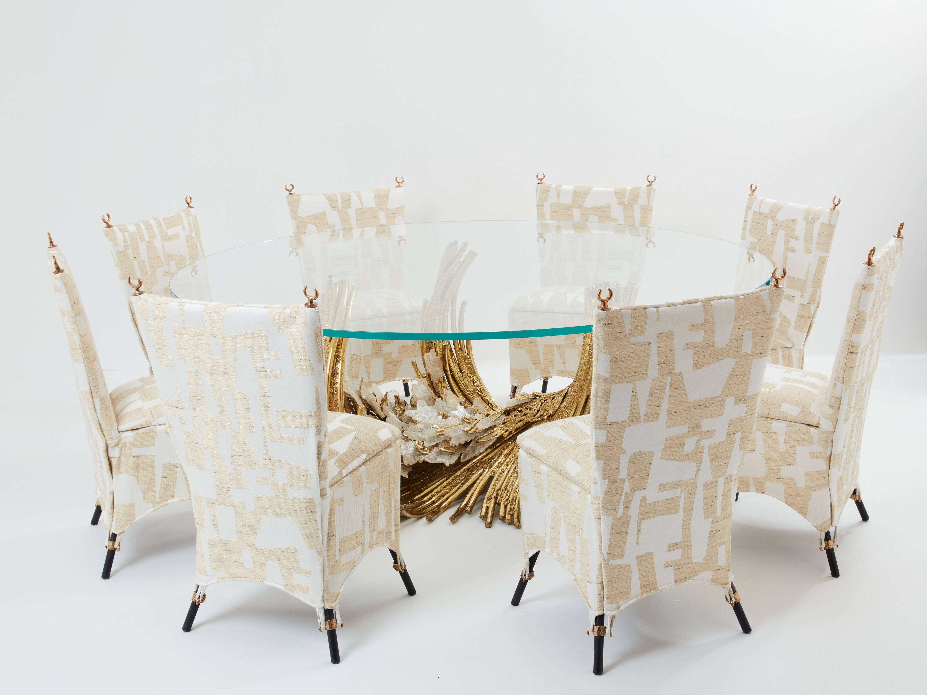 Signed Isabelle Faure brass sculpture dining table rock crystal 1970s
