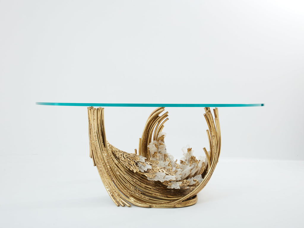 Signed Isabelle Faure brass sculpture dining table rock crystal 1970s