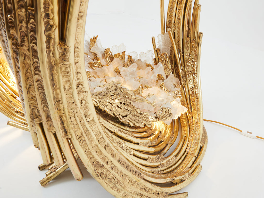 Signed Isabelle Faure brass sculpture dining table rock crystal 1970s