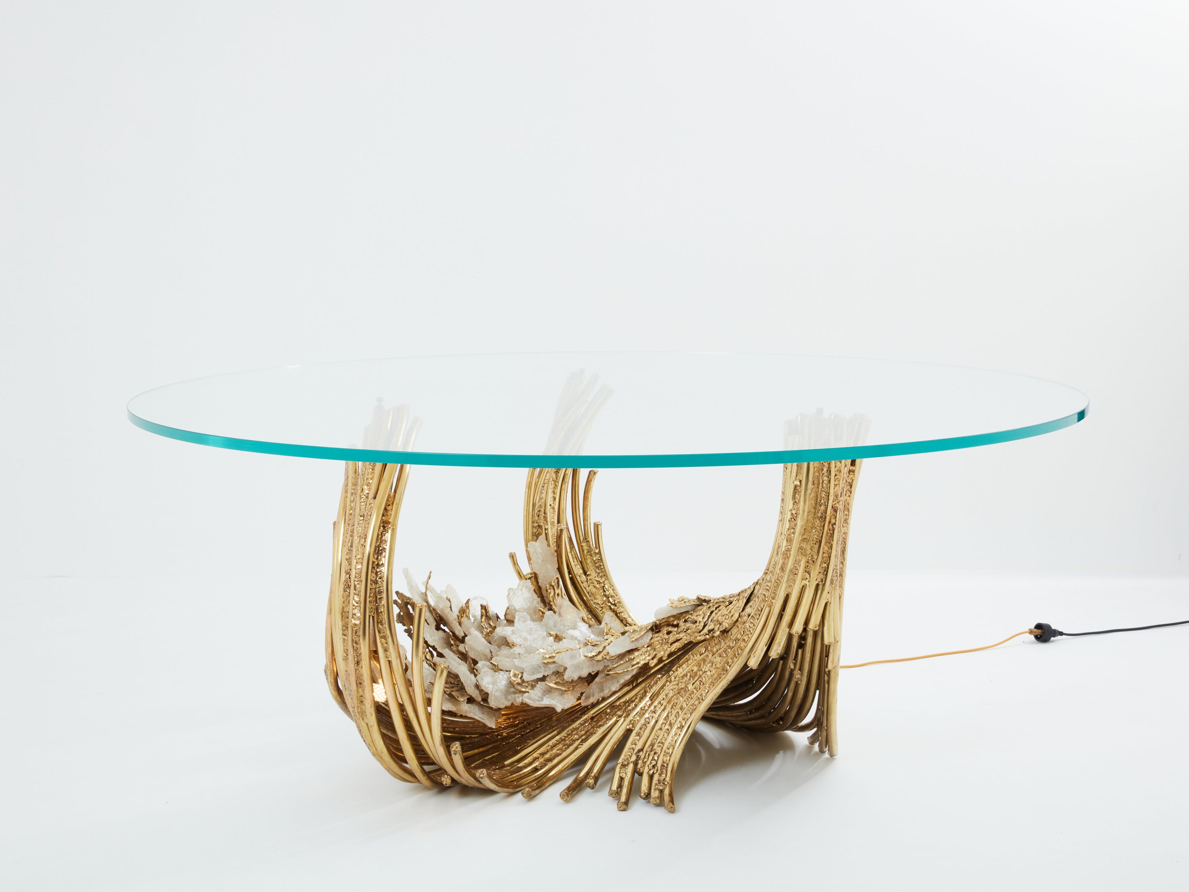 Signed Isabelle Faure brass sculpture dining table rock crystal 1970s