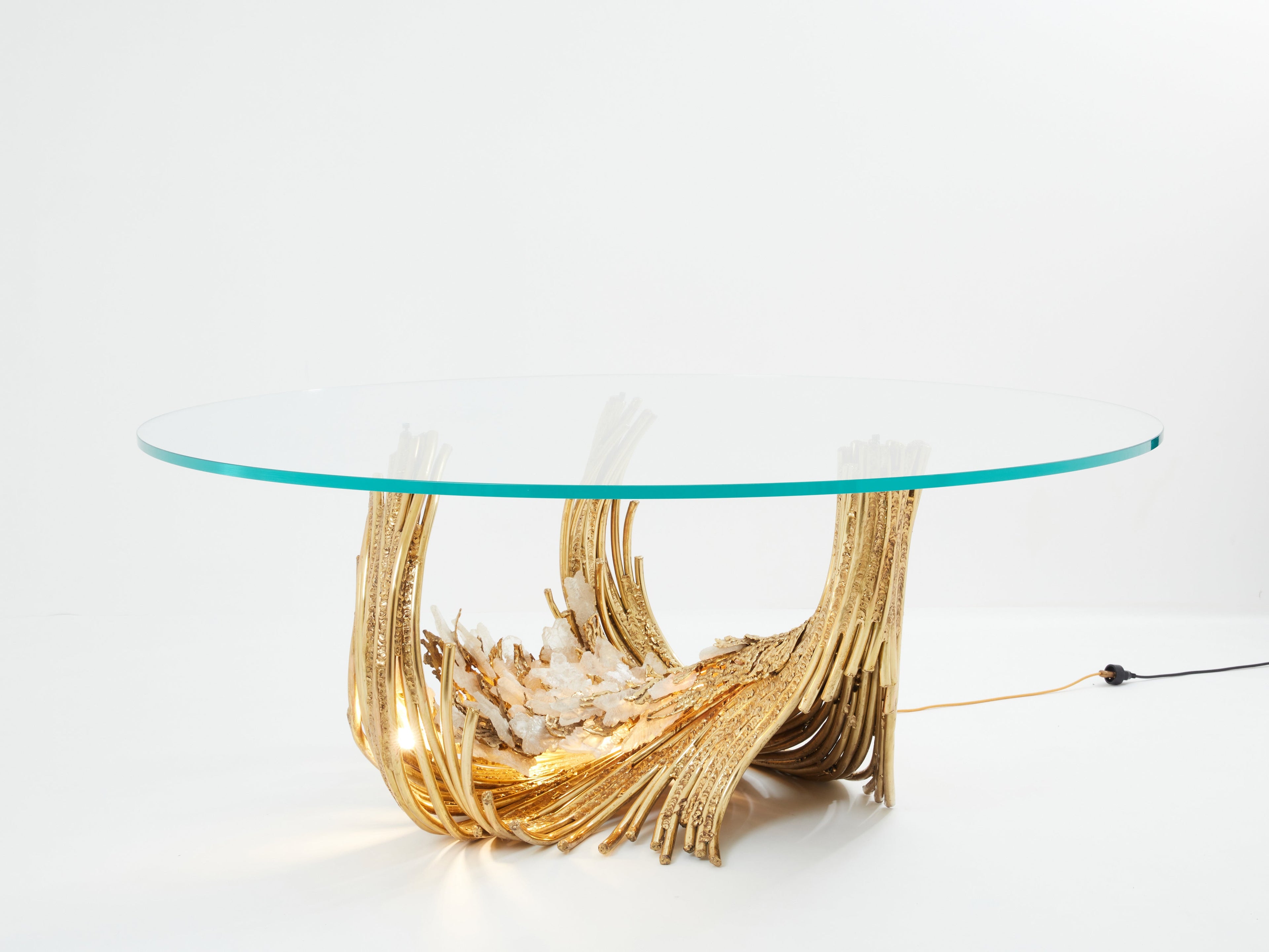 Signed Isabelle Faure brass sculpture dining table rock crystal 1970s