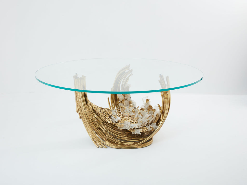 Signed Isabelle Faure brass sculpture dining table rock crystal 1970s