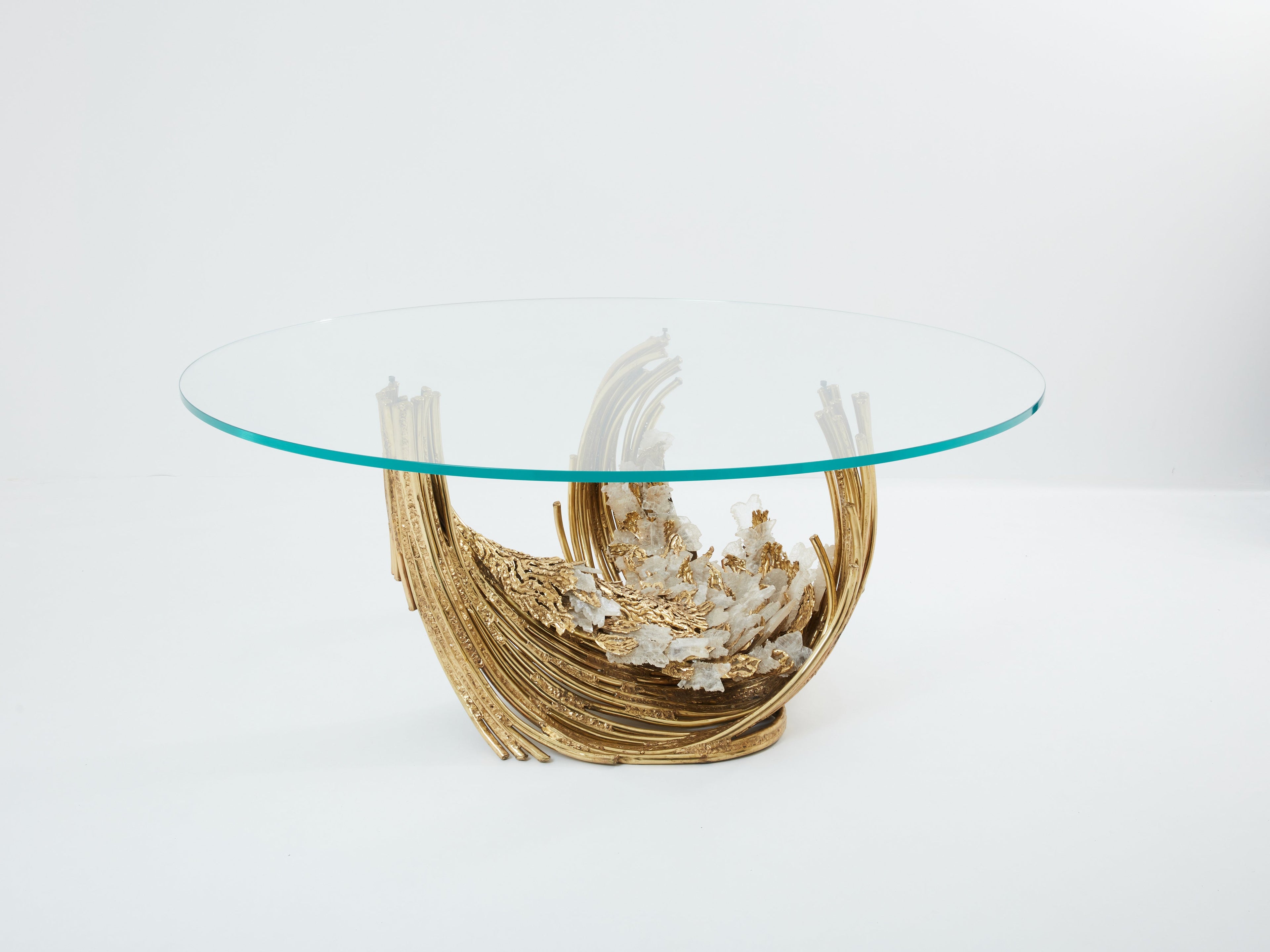 Signed Isabelle Faure brass sculpture dining table rock crystal 1970s