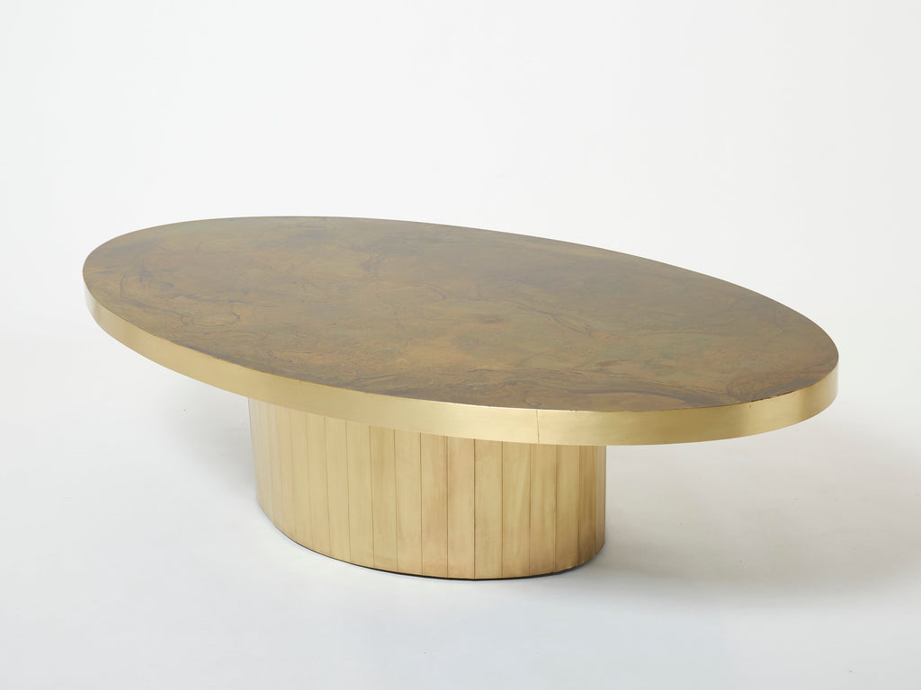 Large oval Isabelle and Richard Faure oxidized brass coffee table 1970s
