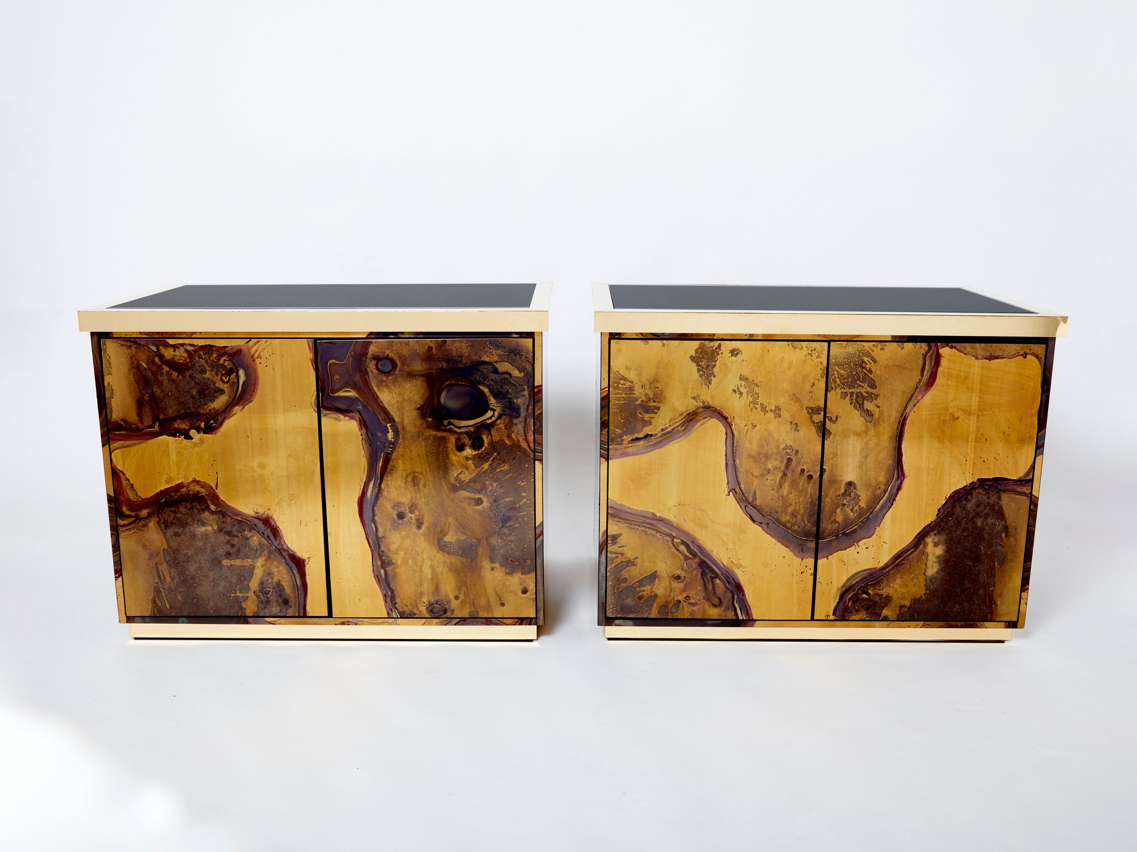 Pair of Isabelle and Richard Faure oxidized brass cabinets buffets 1970s