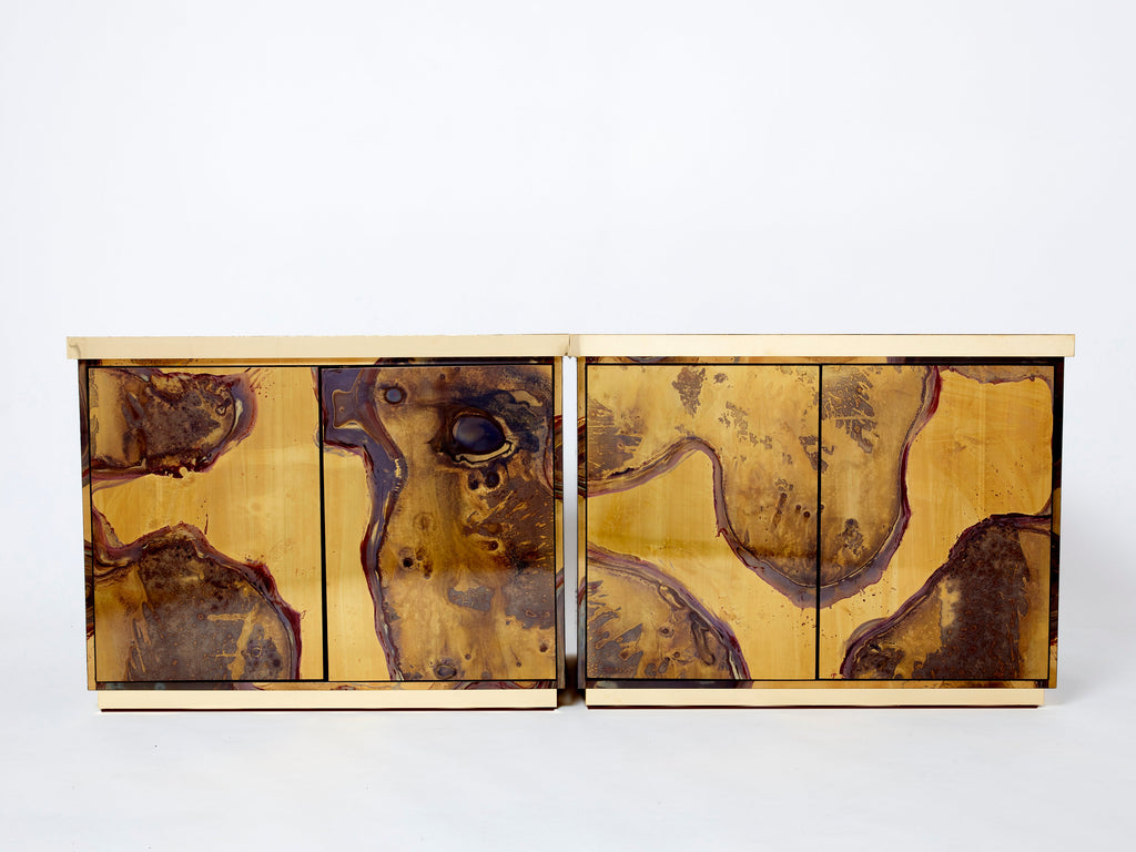 Pair of Isabelle and Richard Faure oxidized brass cabinets buffets 1970s