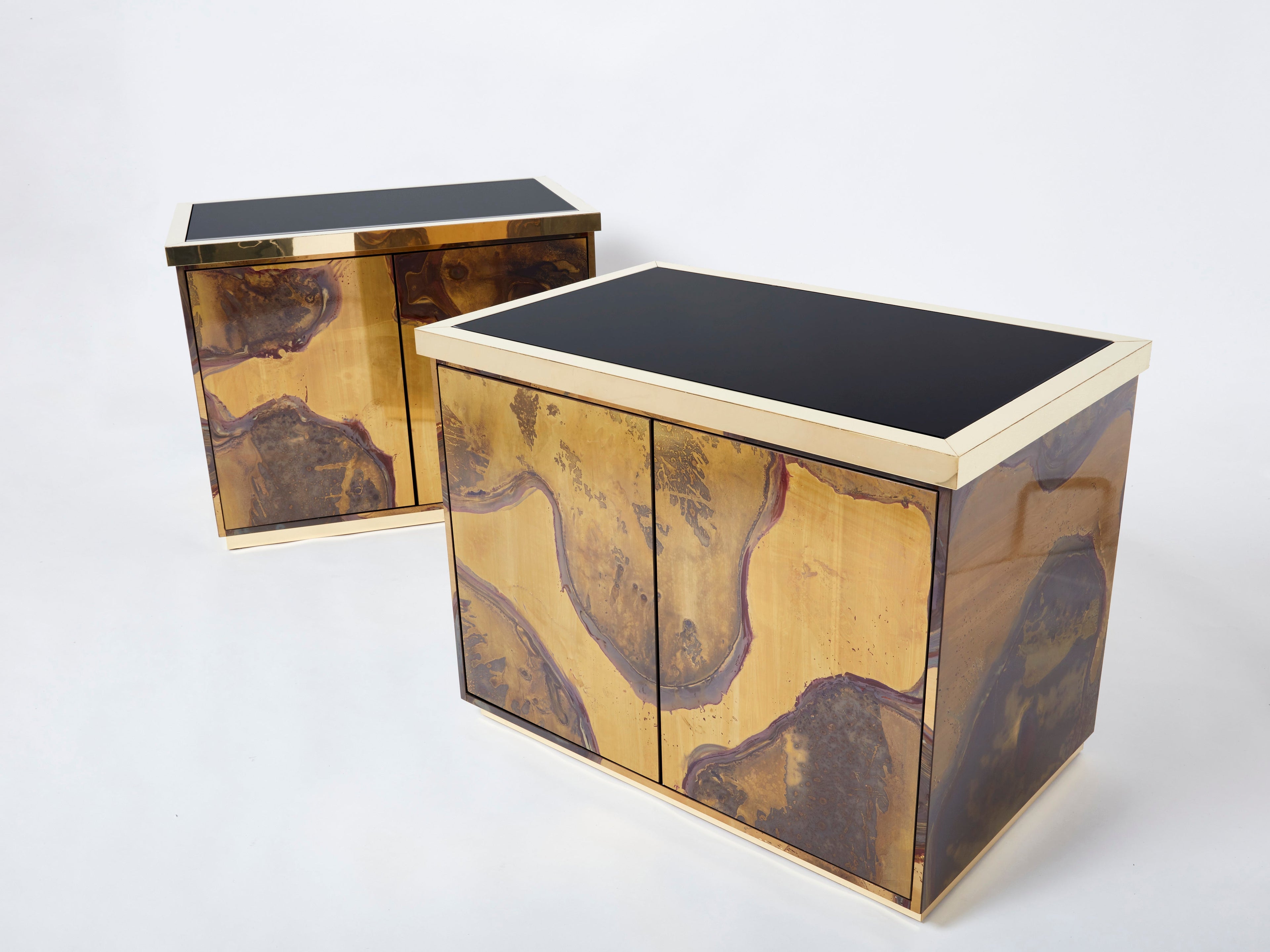 Pair of Isabelle and Richard Faure oxidized brass cabinets buffets 1970s