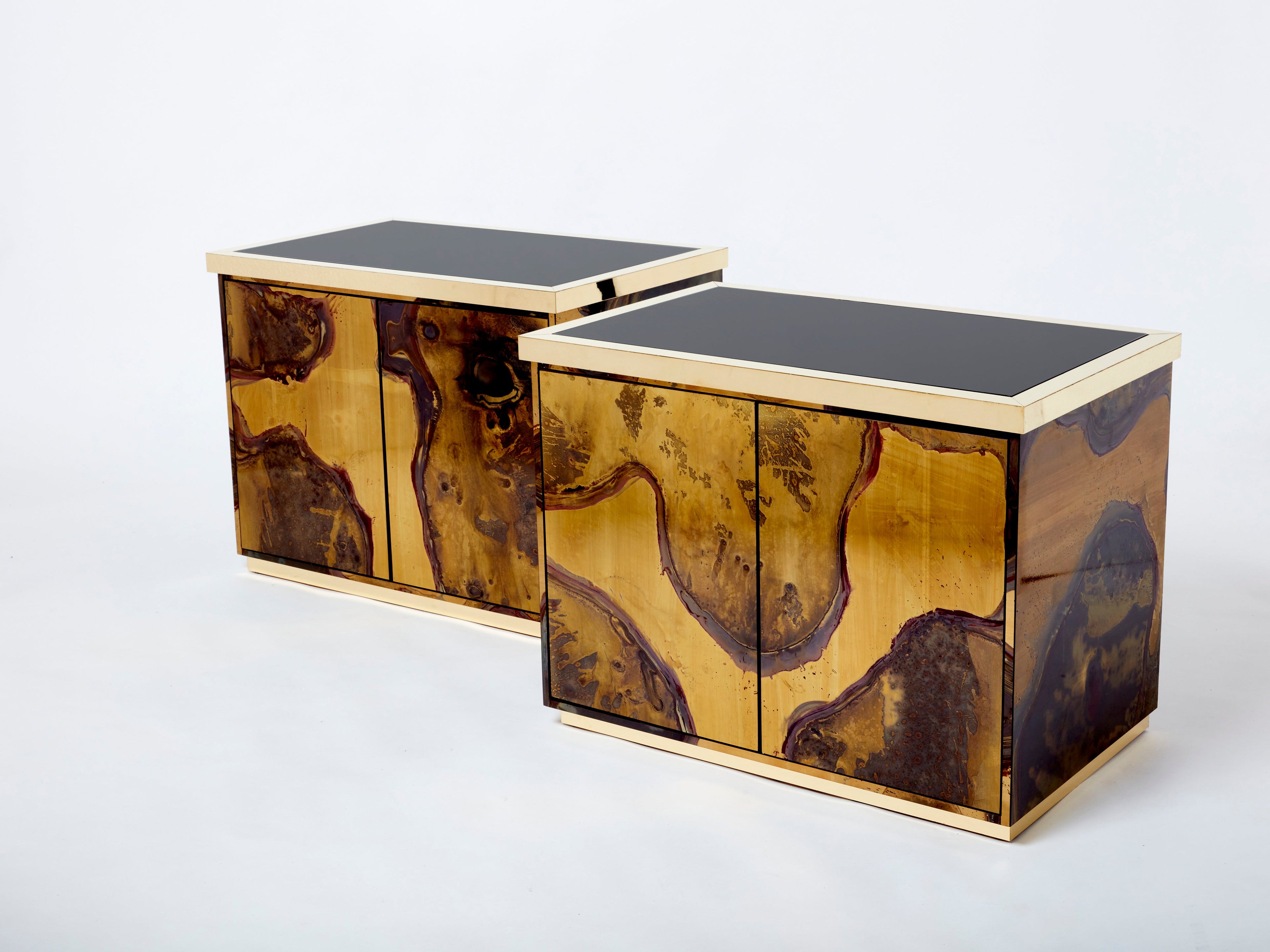 Pair of Isabelle and Richard Faure oxidized brass cabinets buffets 1970s