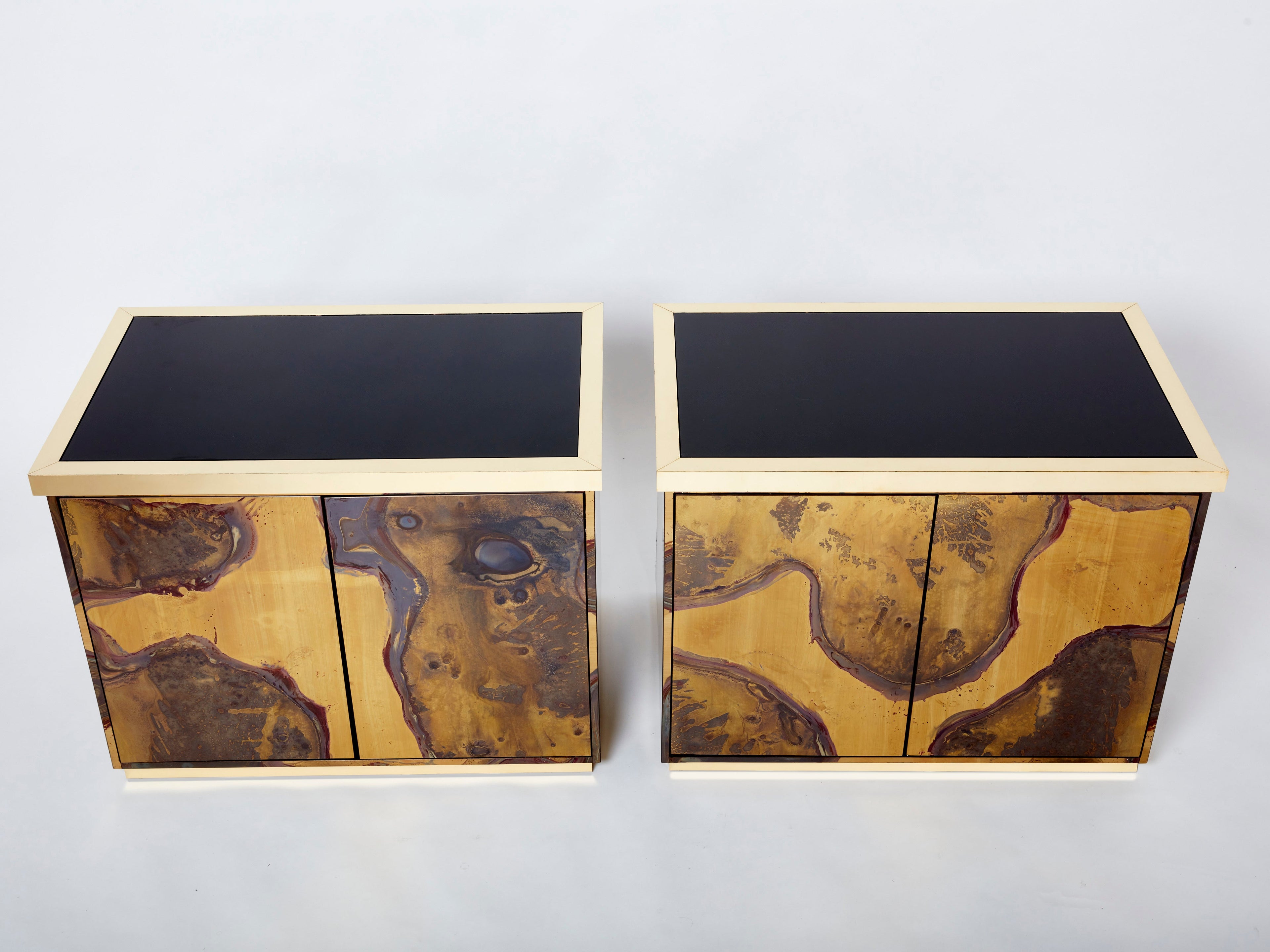 Pair of Isabelle and Richard Faure oxidized brass cabinets buffets 1970s