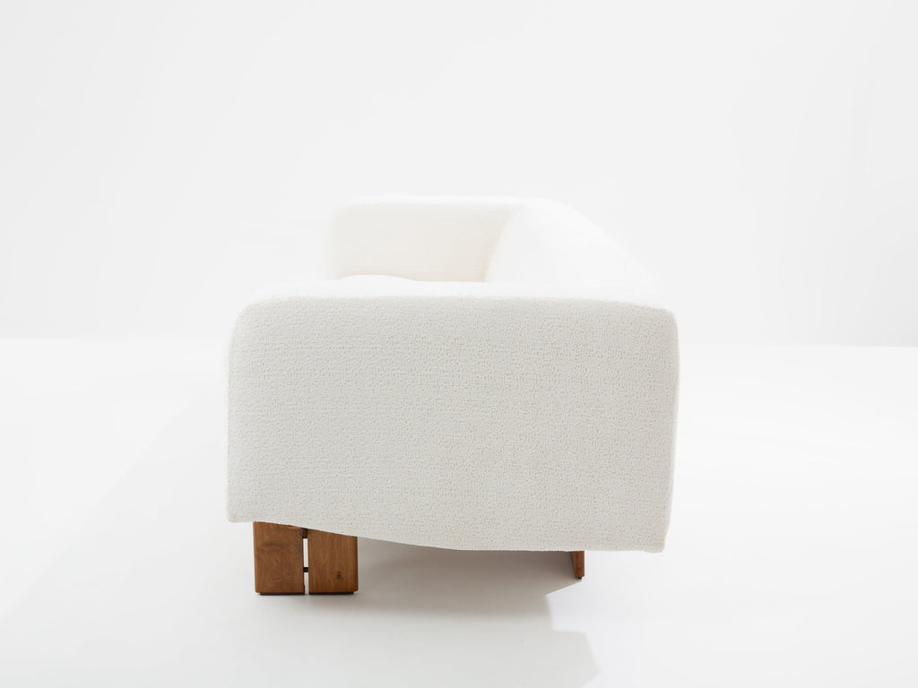 Italian brutalist sofa solid walnut and white chenille velvet 1960s