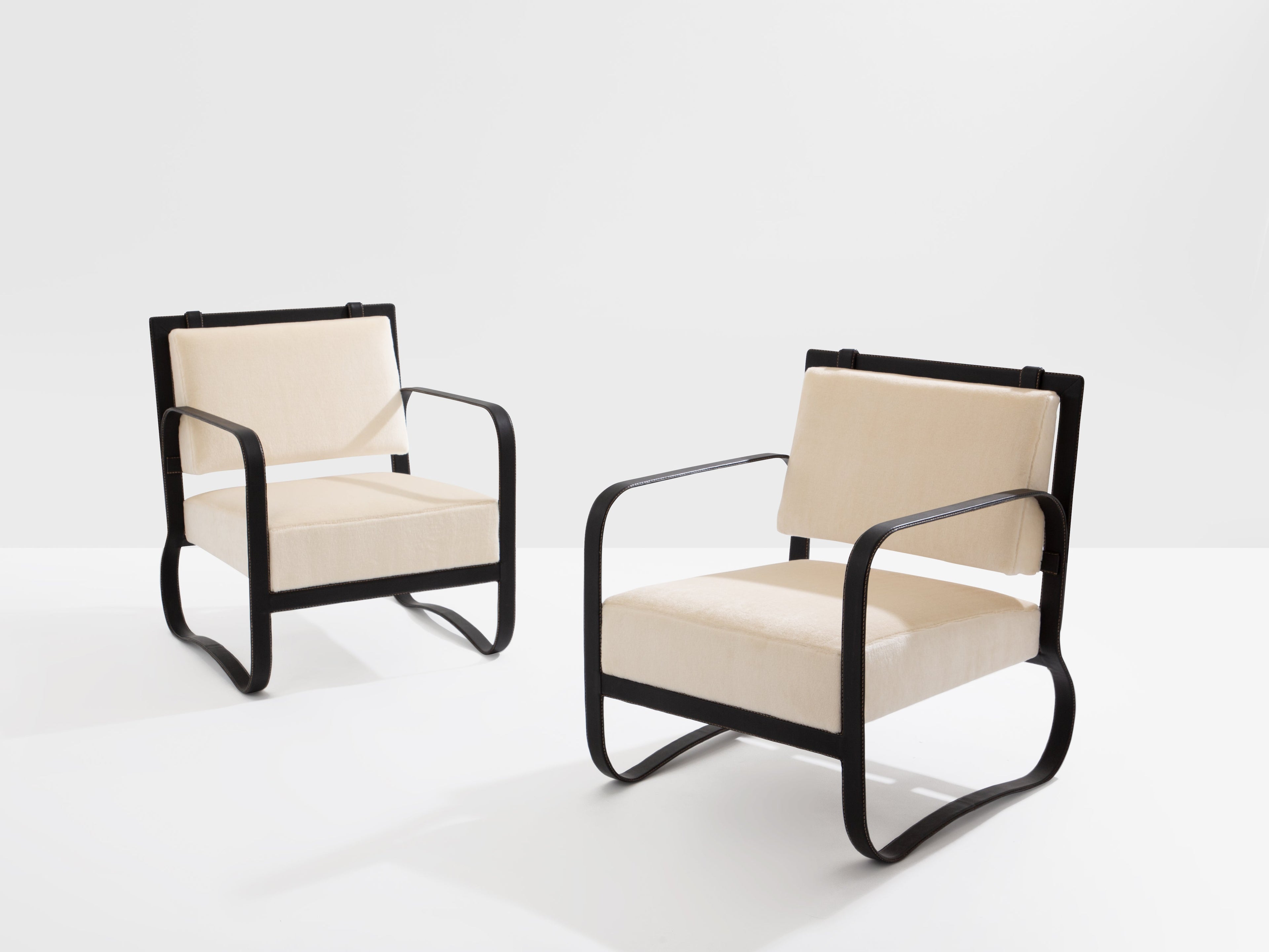 Jacques Adnet leather mohair velvet pair of armchairs 1950