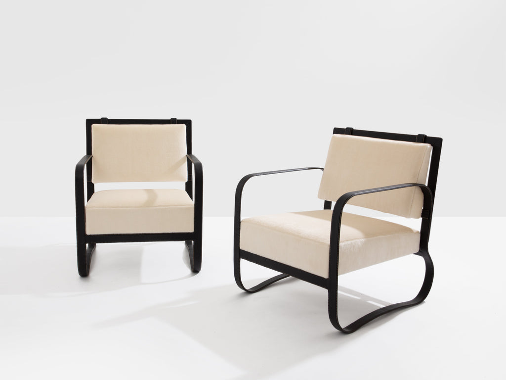 Jacques Adnet leather mohair velvet pair of armchairs 1950
