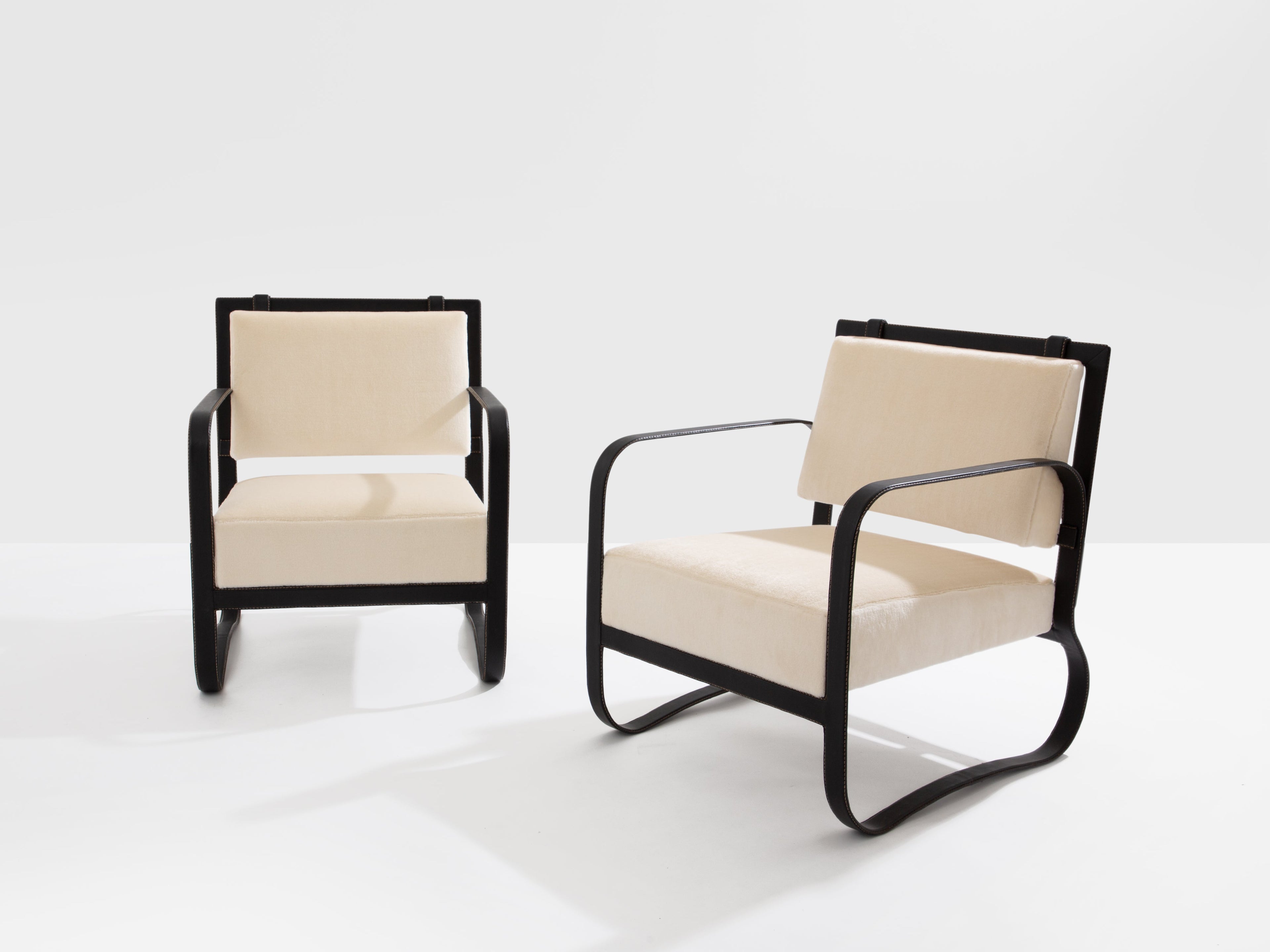 Jacques Adnet leather mohair velvet pair of armchairs 1950