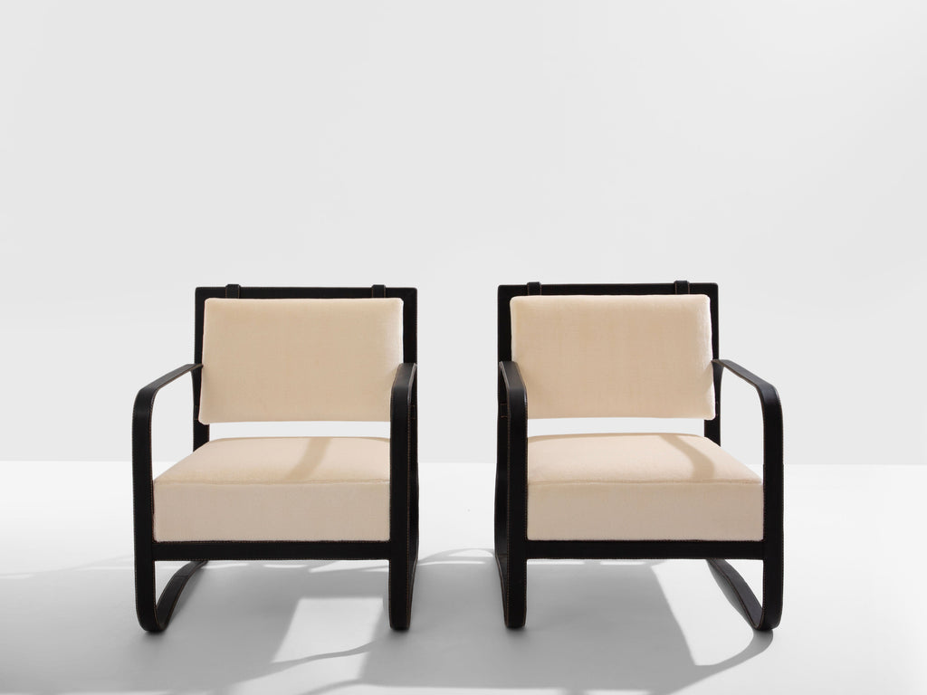 Jacques Adnet leather mohair velvet pair of armchairs 1950
