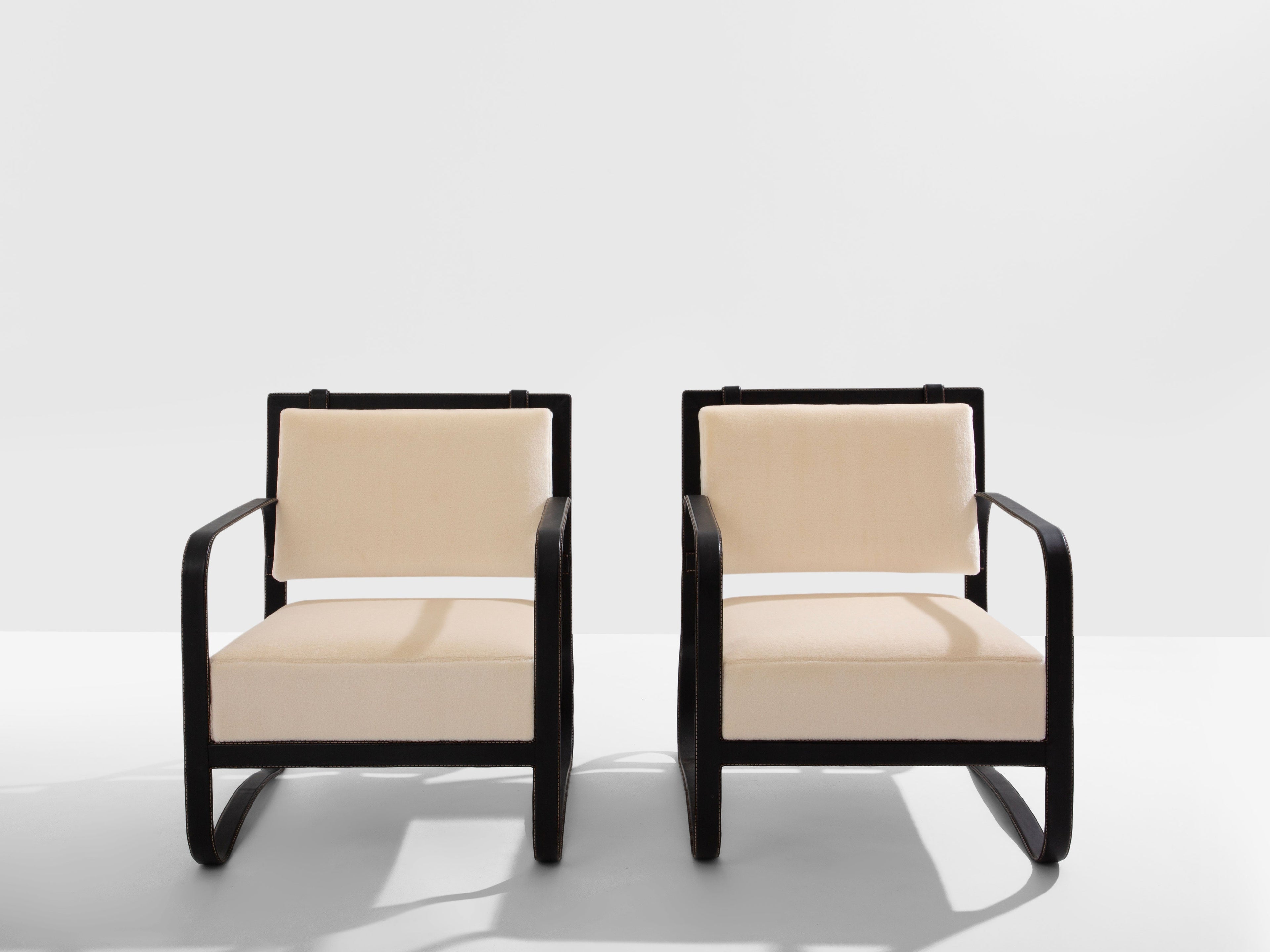 Jacques Adnet leather mohair velvet pair of armchairs 1950