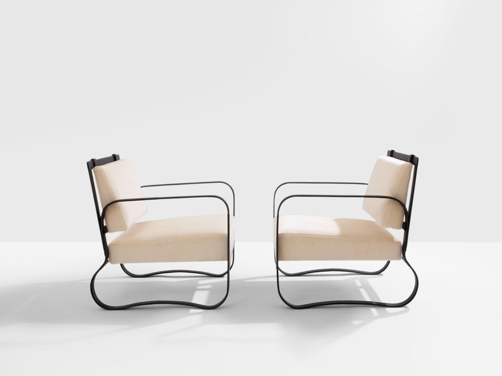 Jacques Adnet leather mohair velvet pair of armchairs 1950
