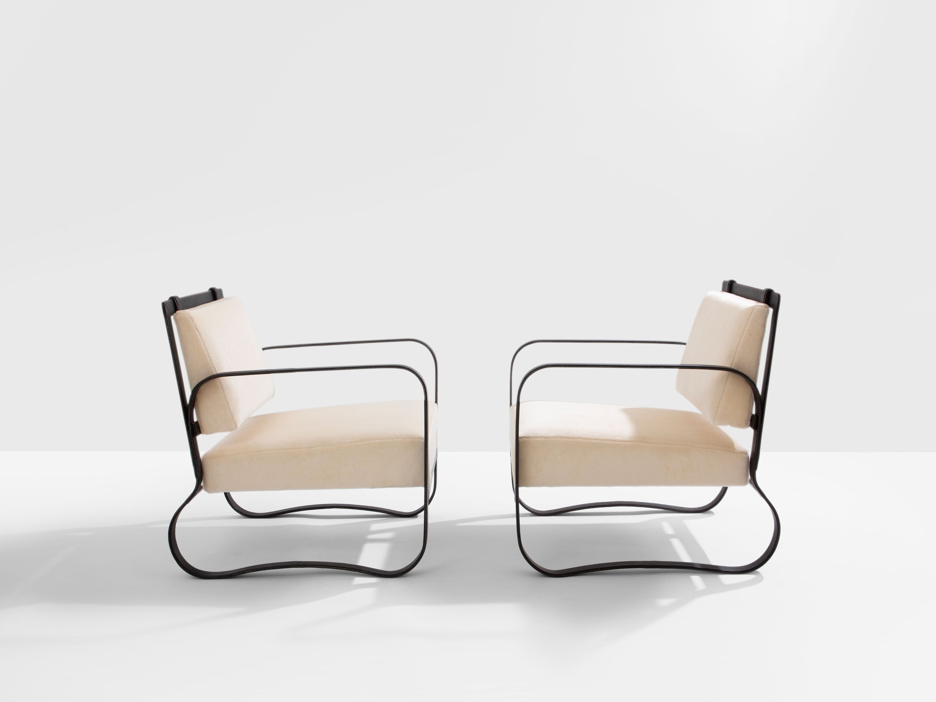 Jacques Adnet leather mohair velvet pair of armchairs 1950