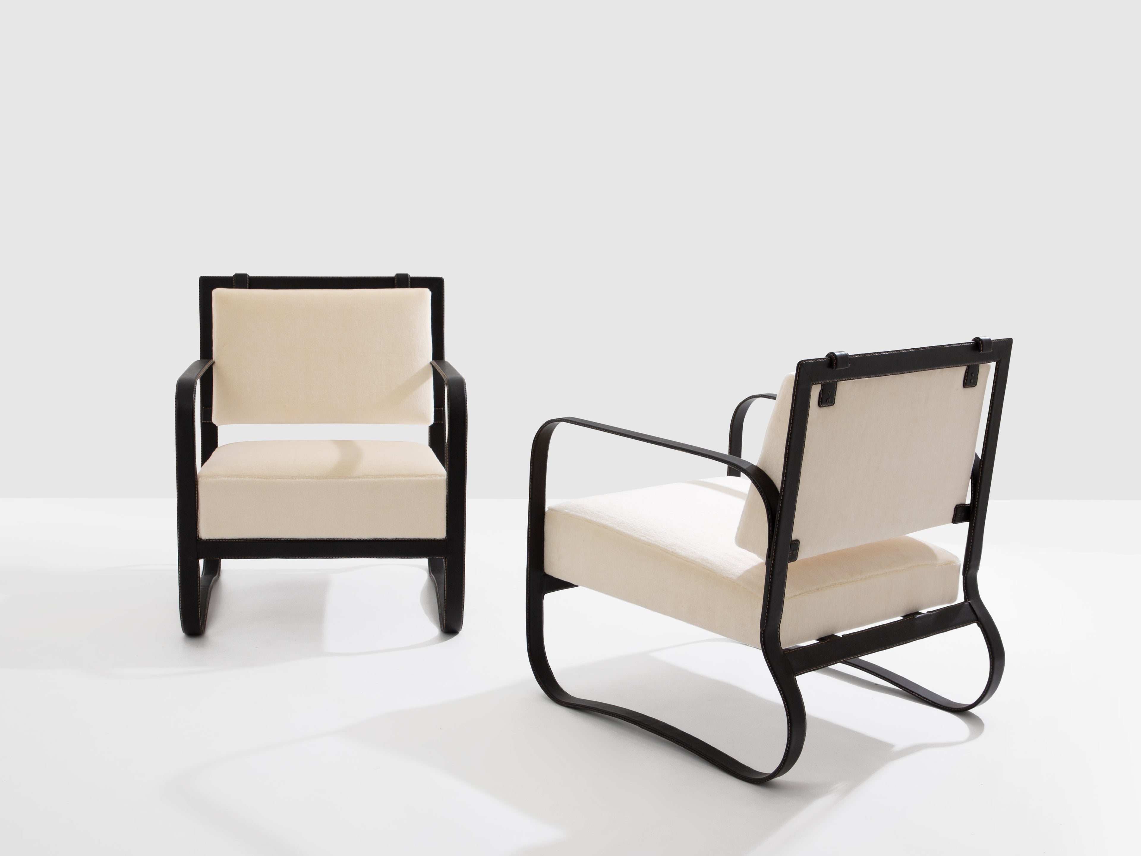 Jacques Adnet leather mohair velvet pair of armchairs 1950