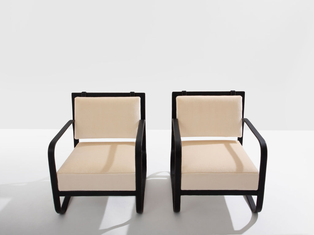 Jacques Adnet leather mohair velvet pair of armchairs 1950