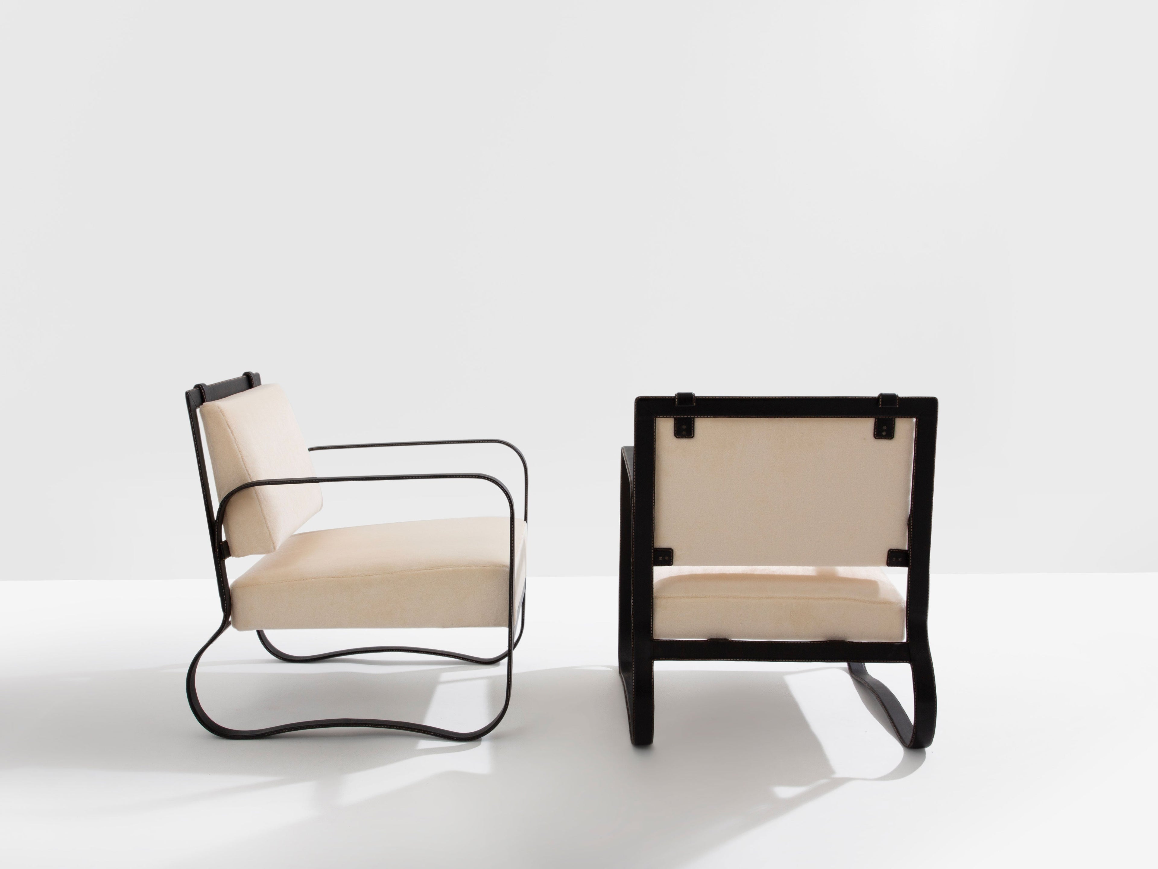 Jacques Adnet leather mohair velvet pair of armchairs 1950