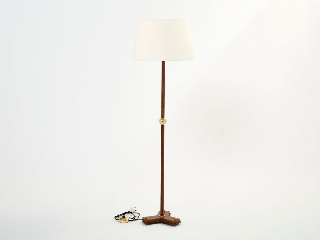 Jacques Adnet modernist stitched brown leather floor lamp 1950s