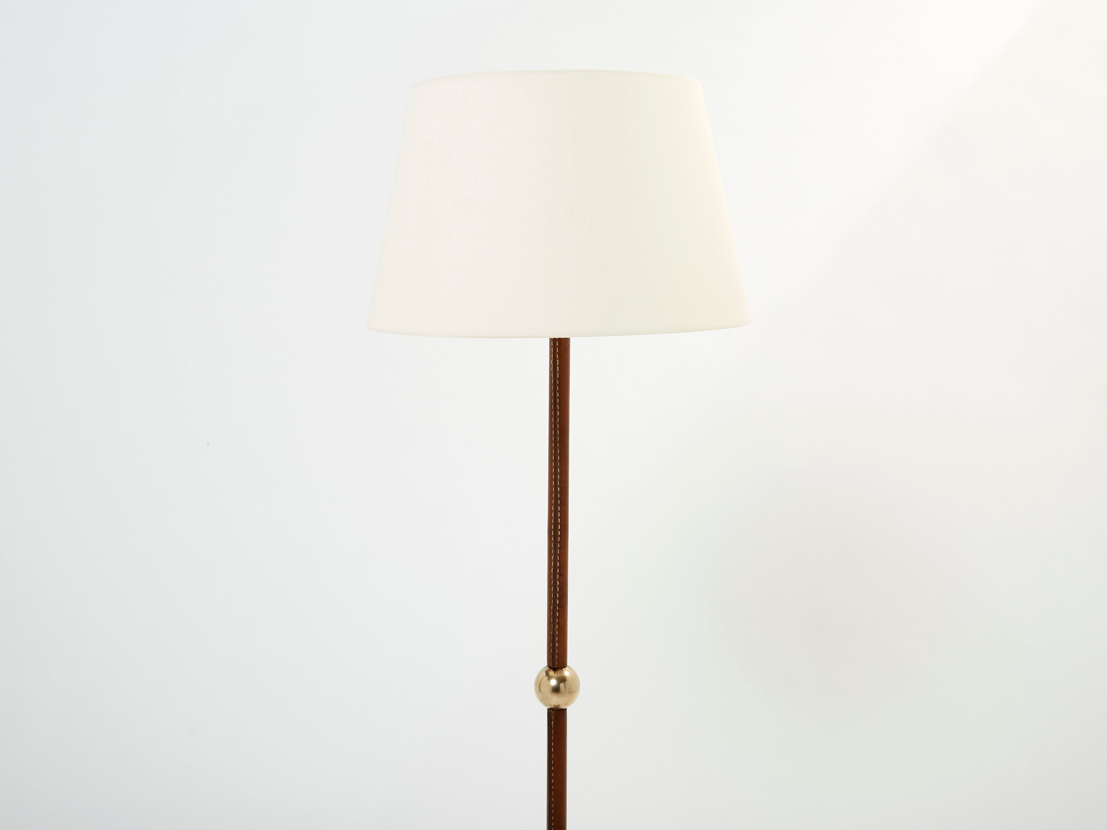 Jacques Adnet modernist stitched brown leather floor lamp 1950s