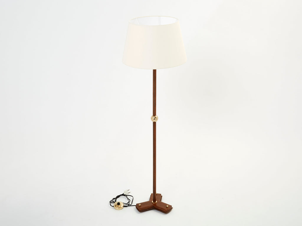 Jacques Adnet modernist stitched brown leather floor lamp 1950s