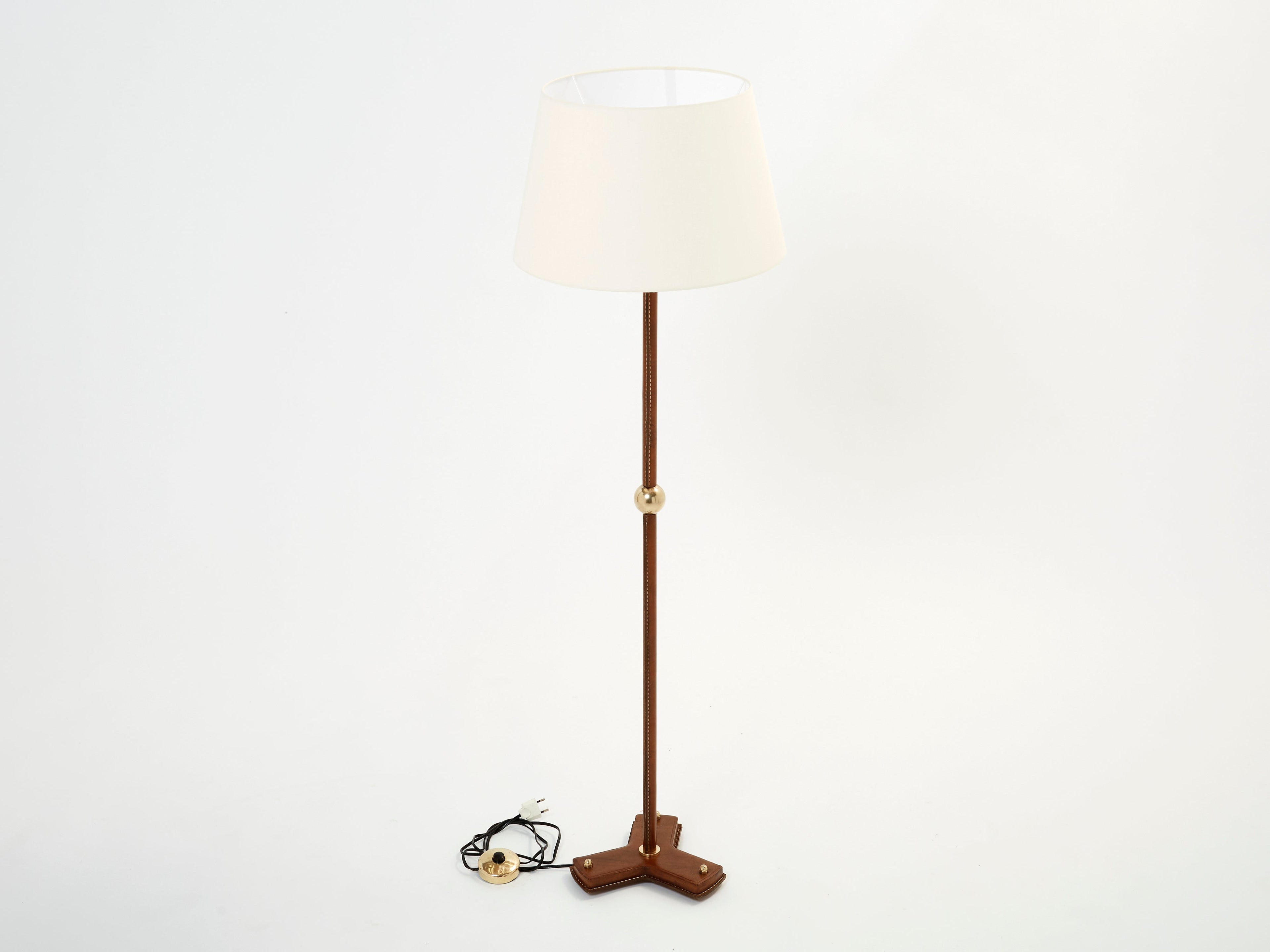 Jacques Adnet modernist stitched brown leather floor lamp 1950s