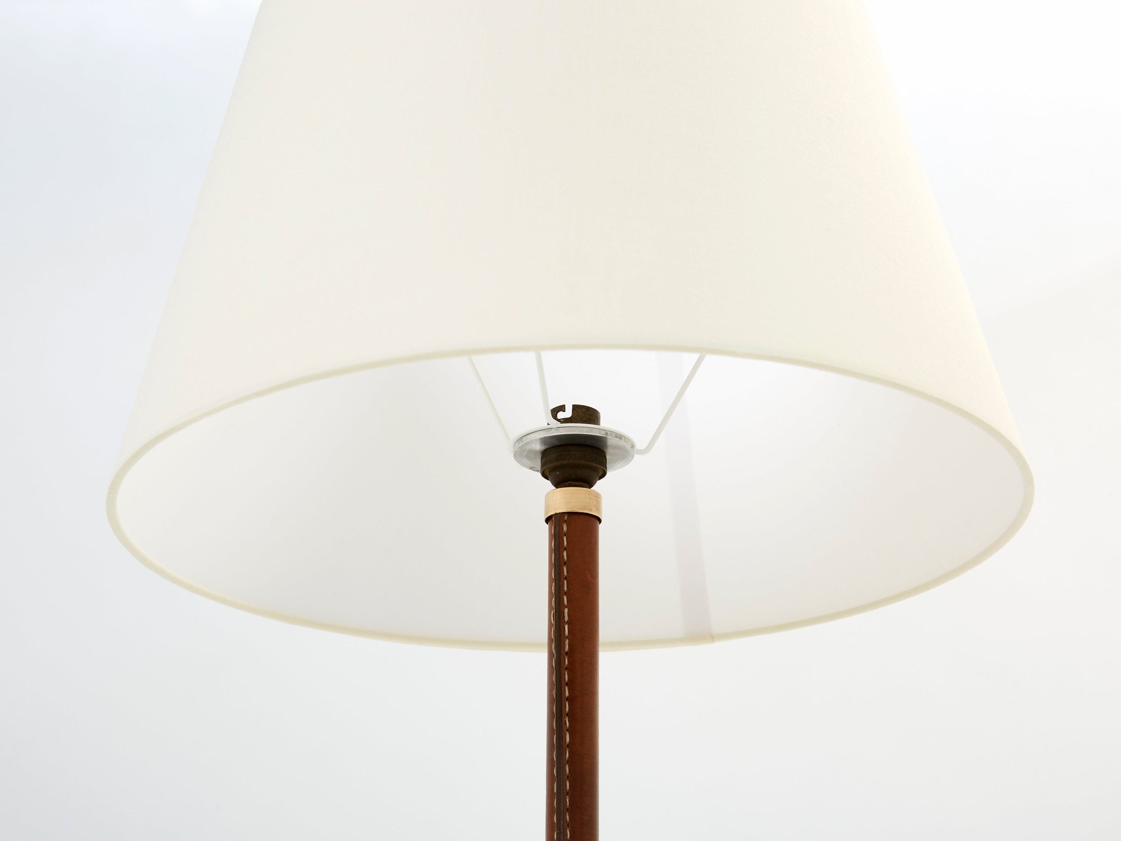 Jacques Adnet modernist stitched brown leather floor lamp 1950s