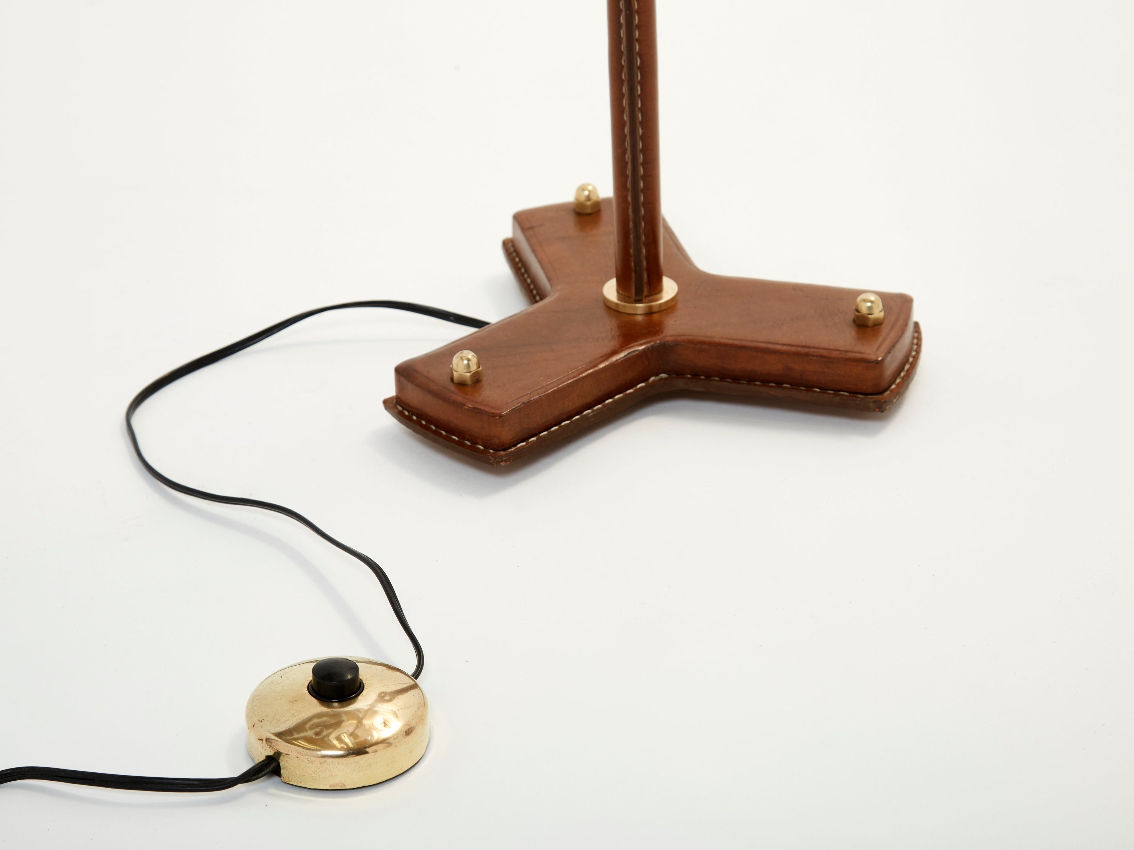 Jacques Adnet modernist stitched brown leather floor lamp 1950s