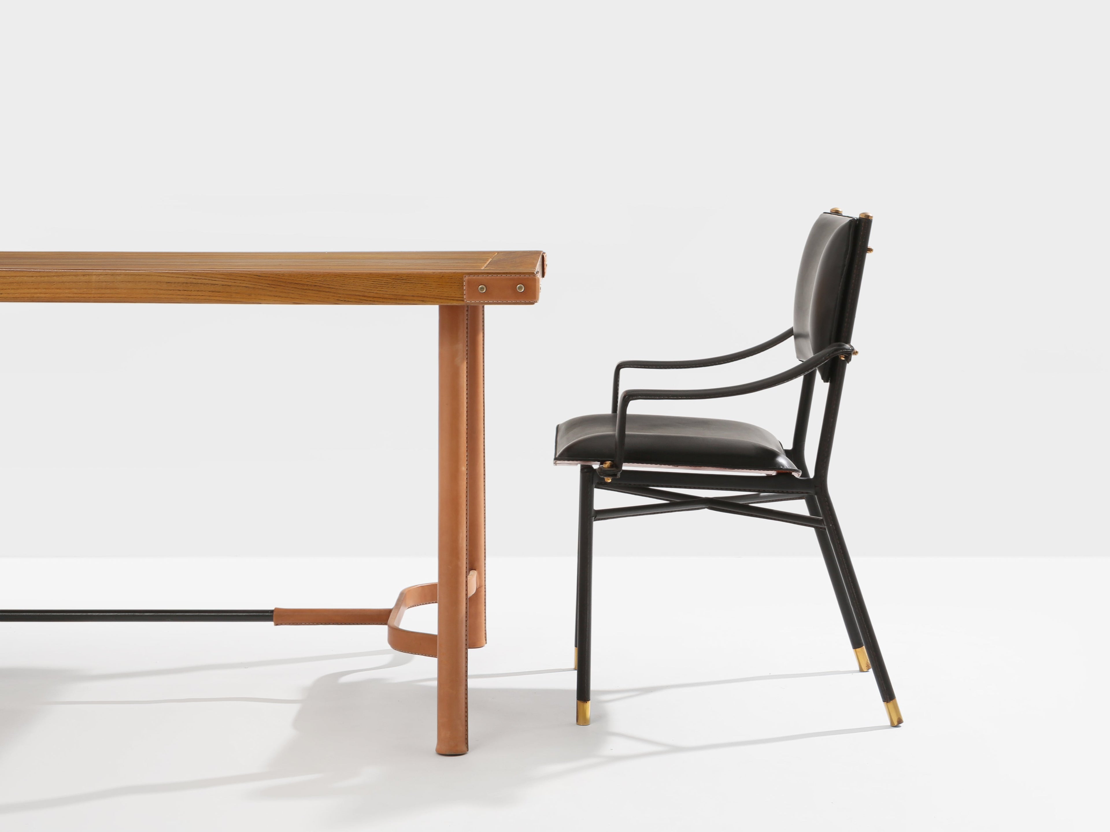 Jacques Adnet oakwood and red leather dining table 1950