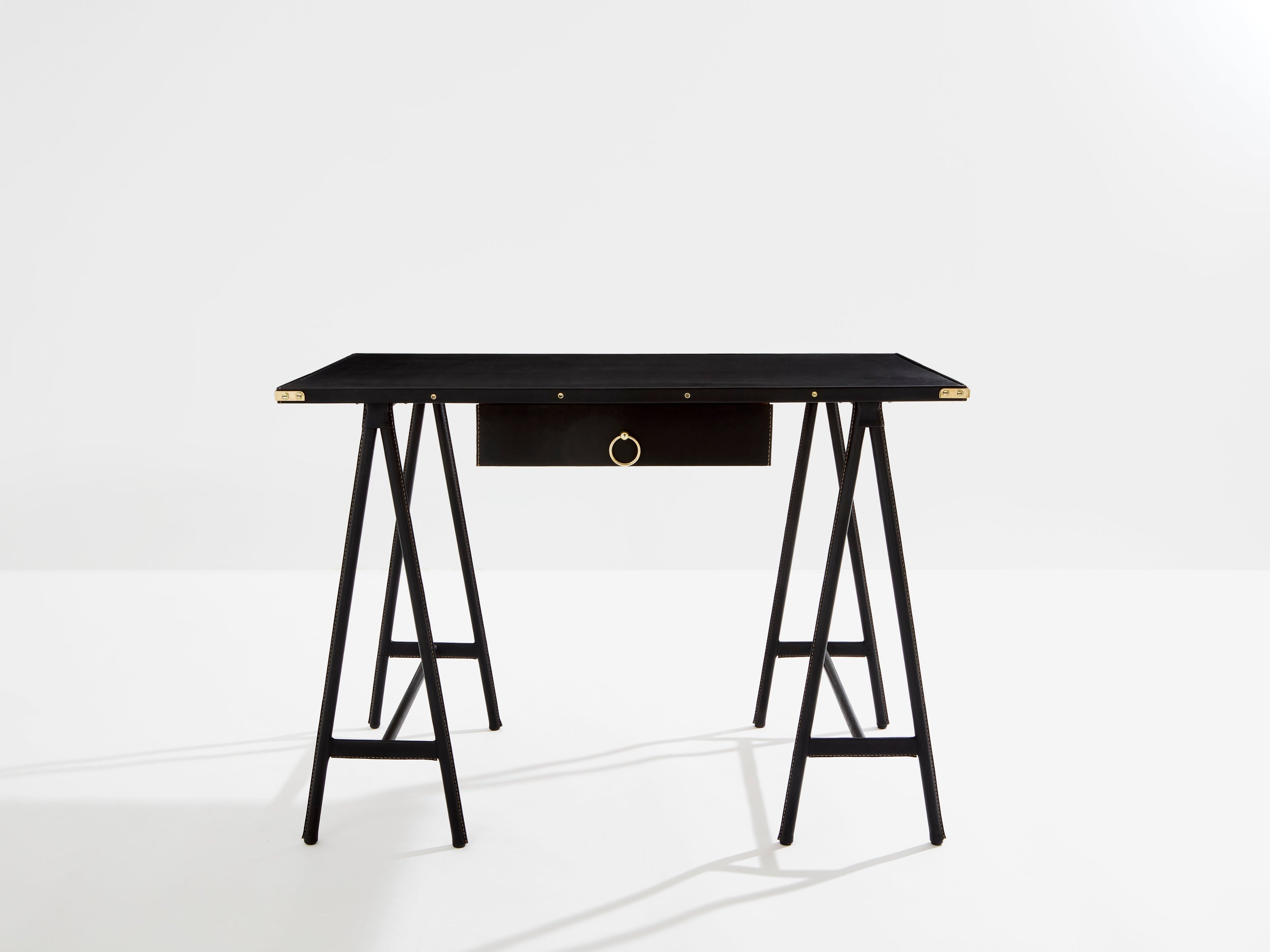 Jacques Adnet pique sellier leather and brass desk 1950