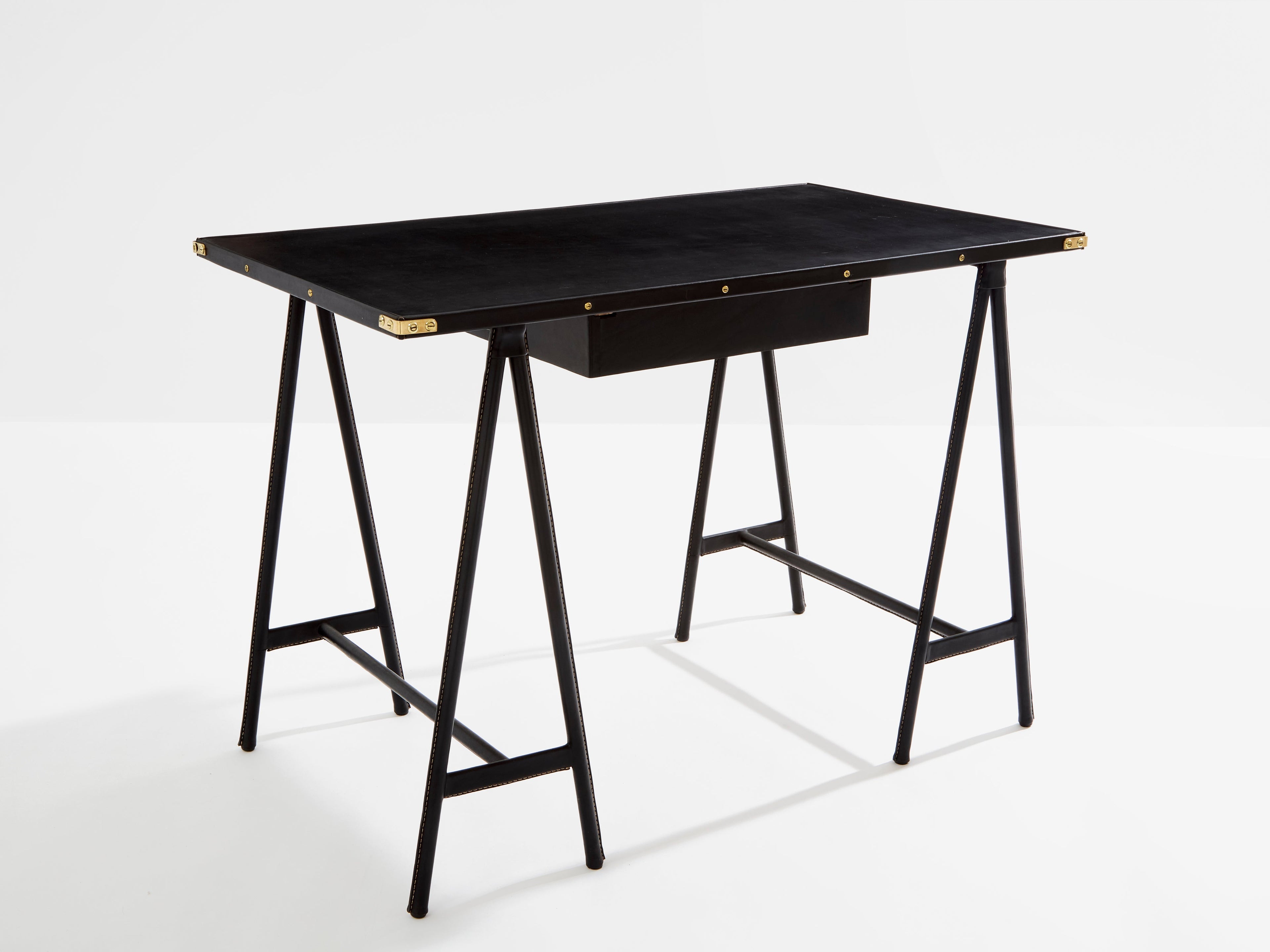 Jacques Adnet pique sellier leather and brass desk 1950