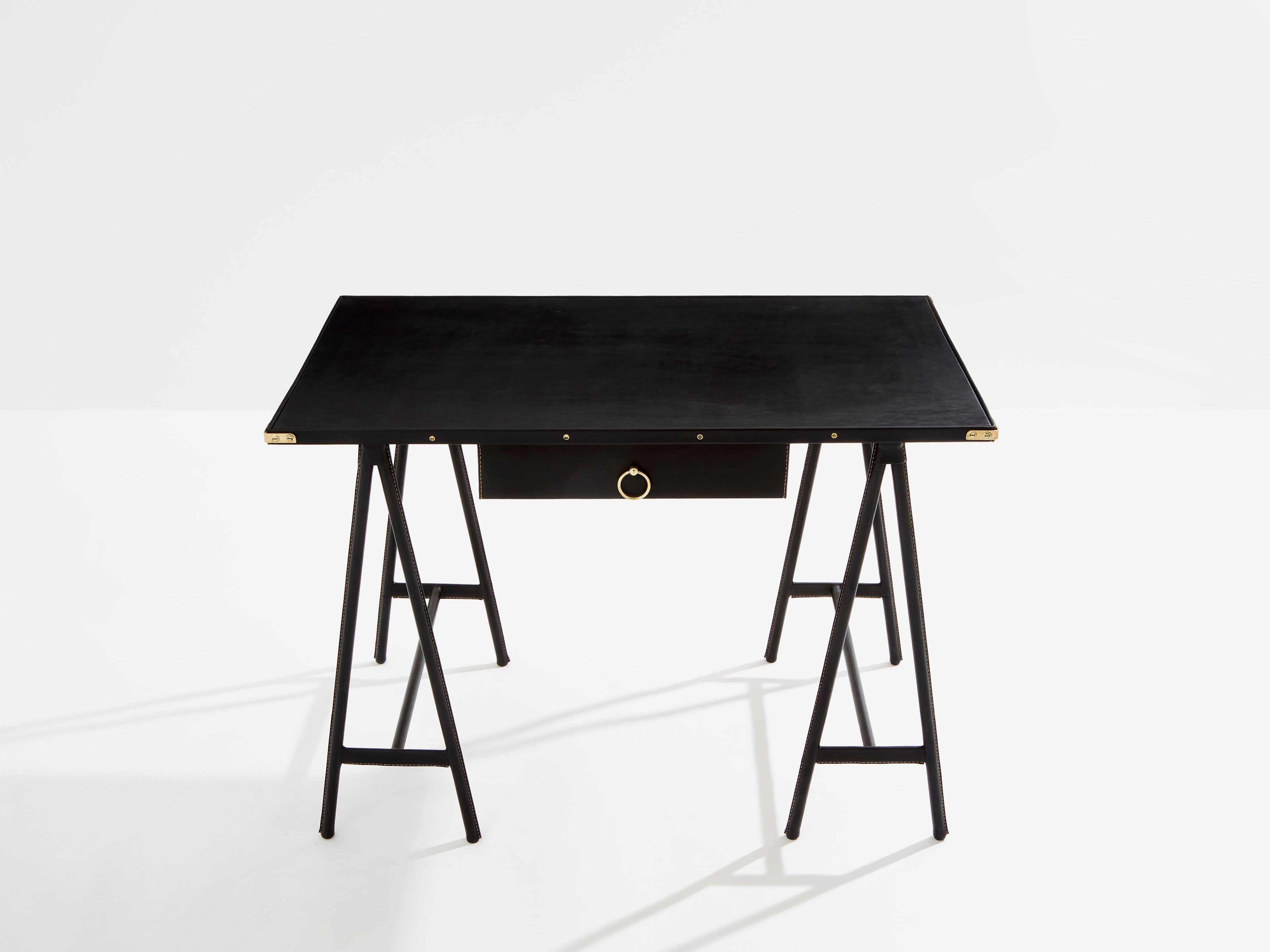 Jacques Adnet pique sellier leather and brass desk 1950