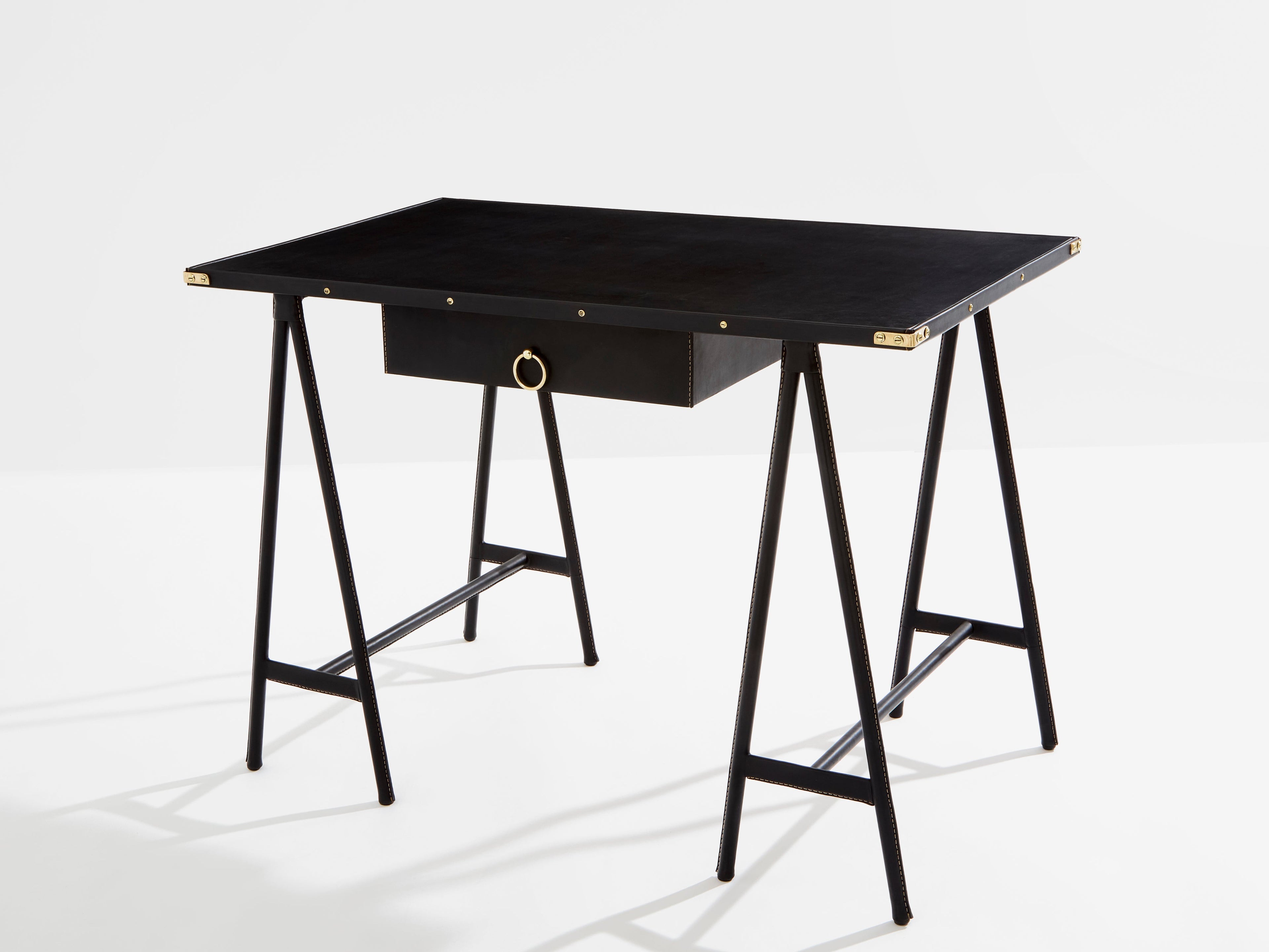 Jacques Adnet pique sellier leather and brass desk 1950