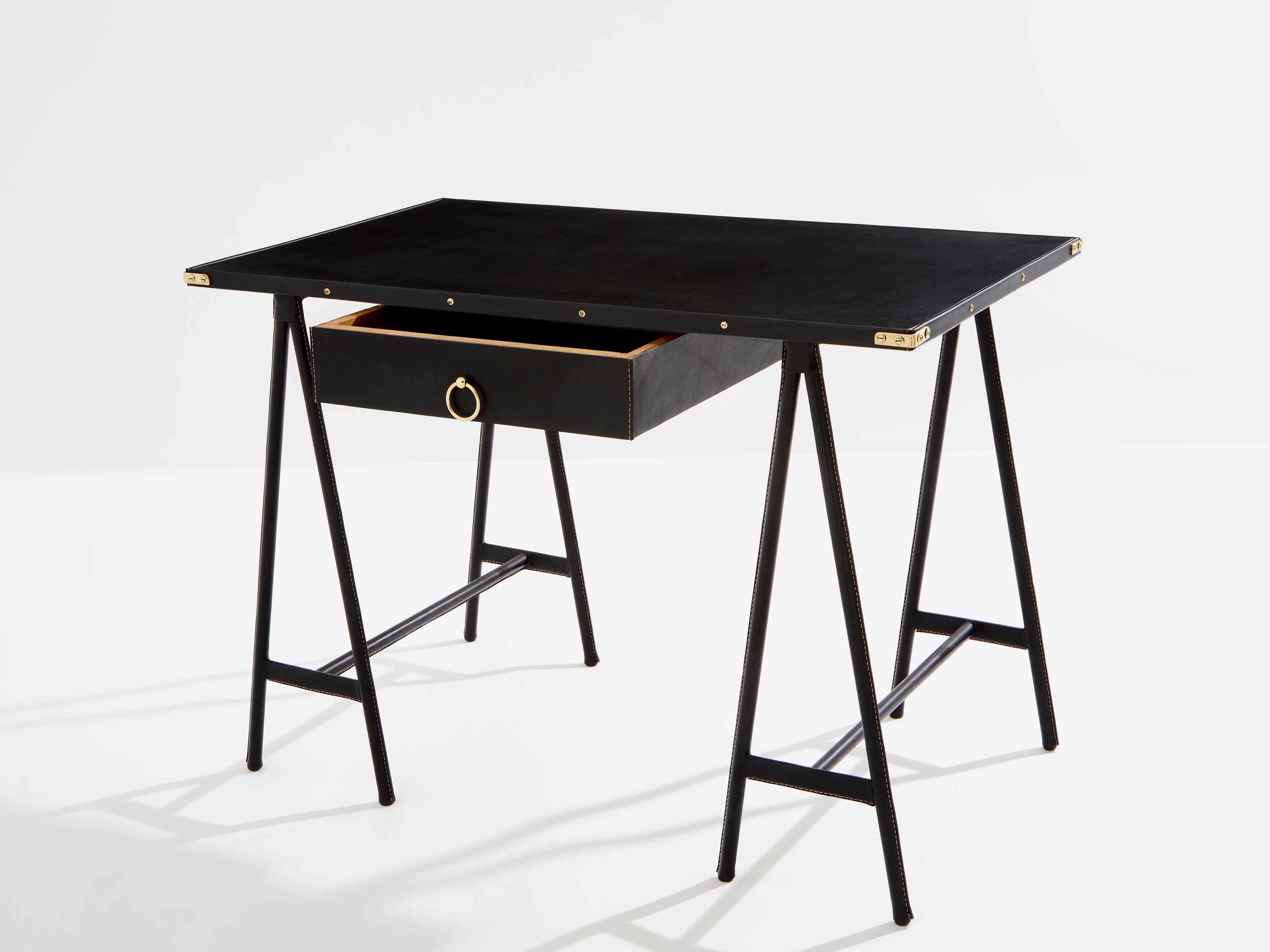Jacques Adnet pique sellier leather and brass desk 1950