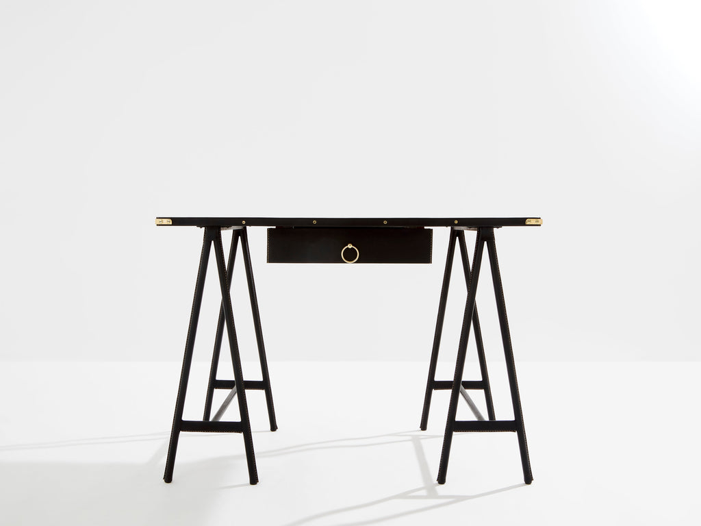 Jacques Adnet pique sellier leather and brass desk 1950