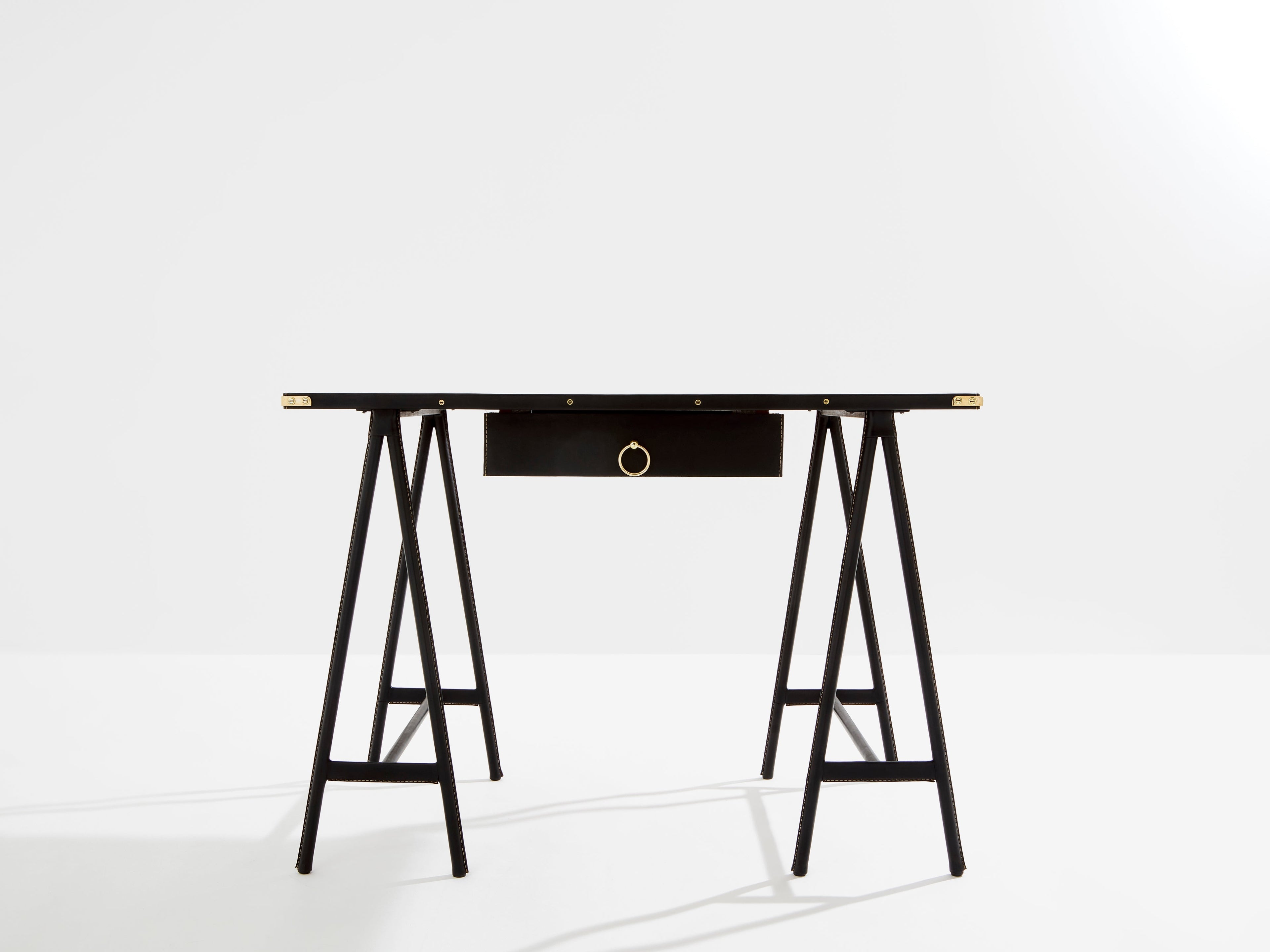 Jacques Adnet pique sellier leather and brass desk 1950